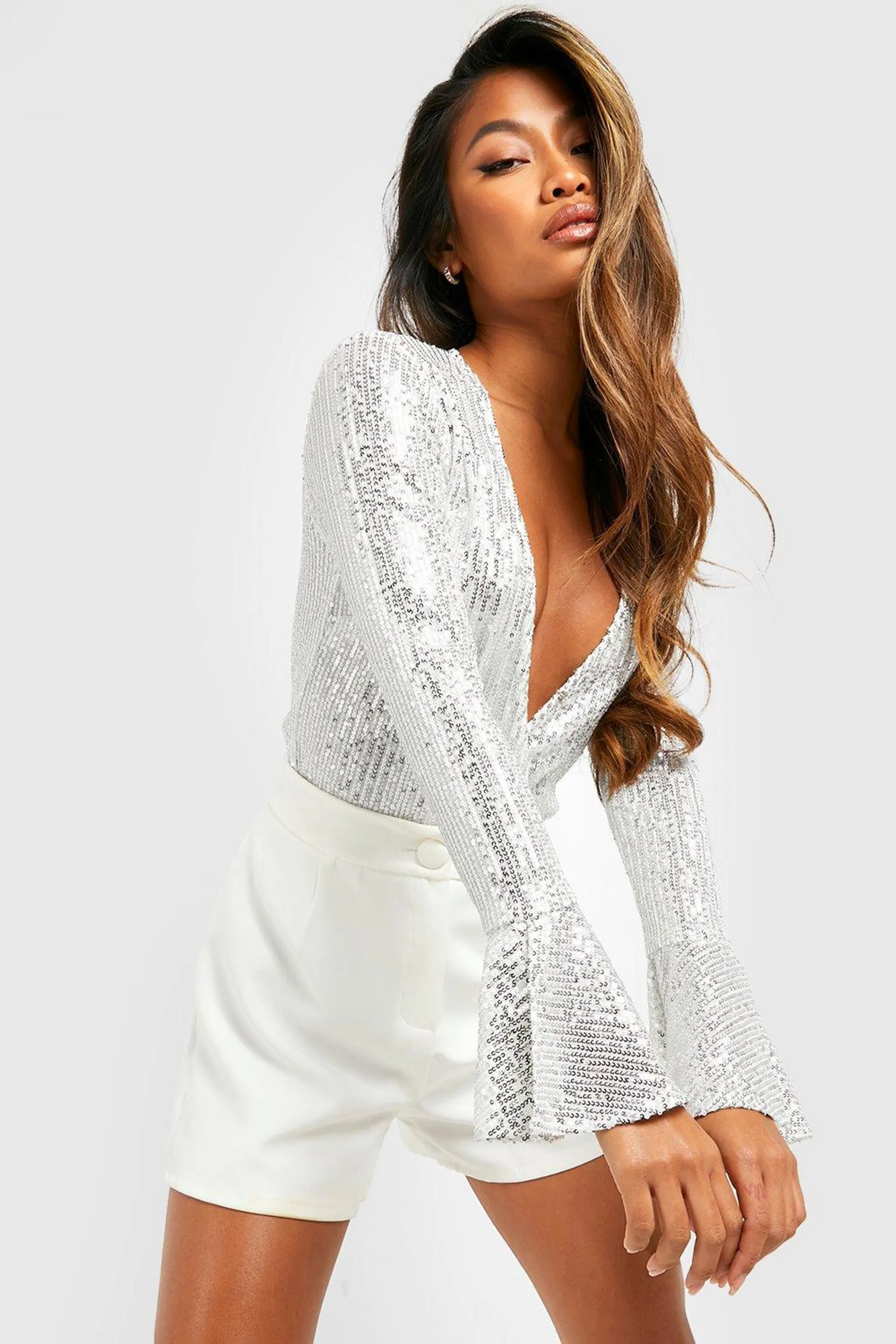 Silver Sequin Wrap Ruffle Cuff Bodysuit