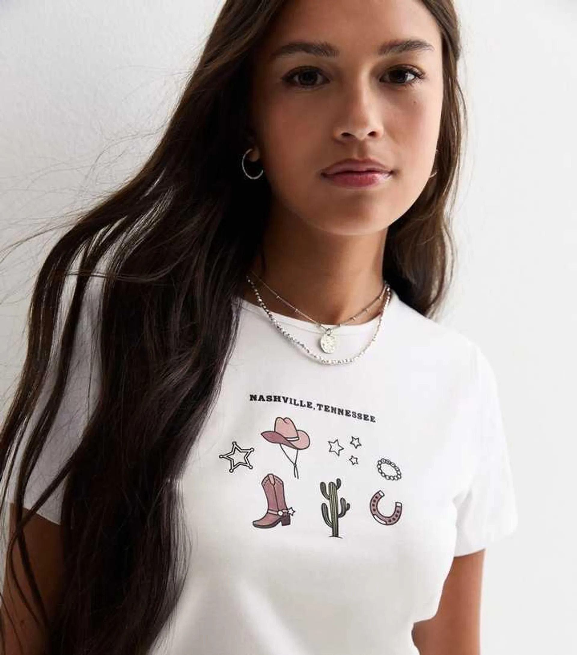 Girls White Cowboy Graphic-Print Crop T-Shirt