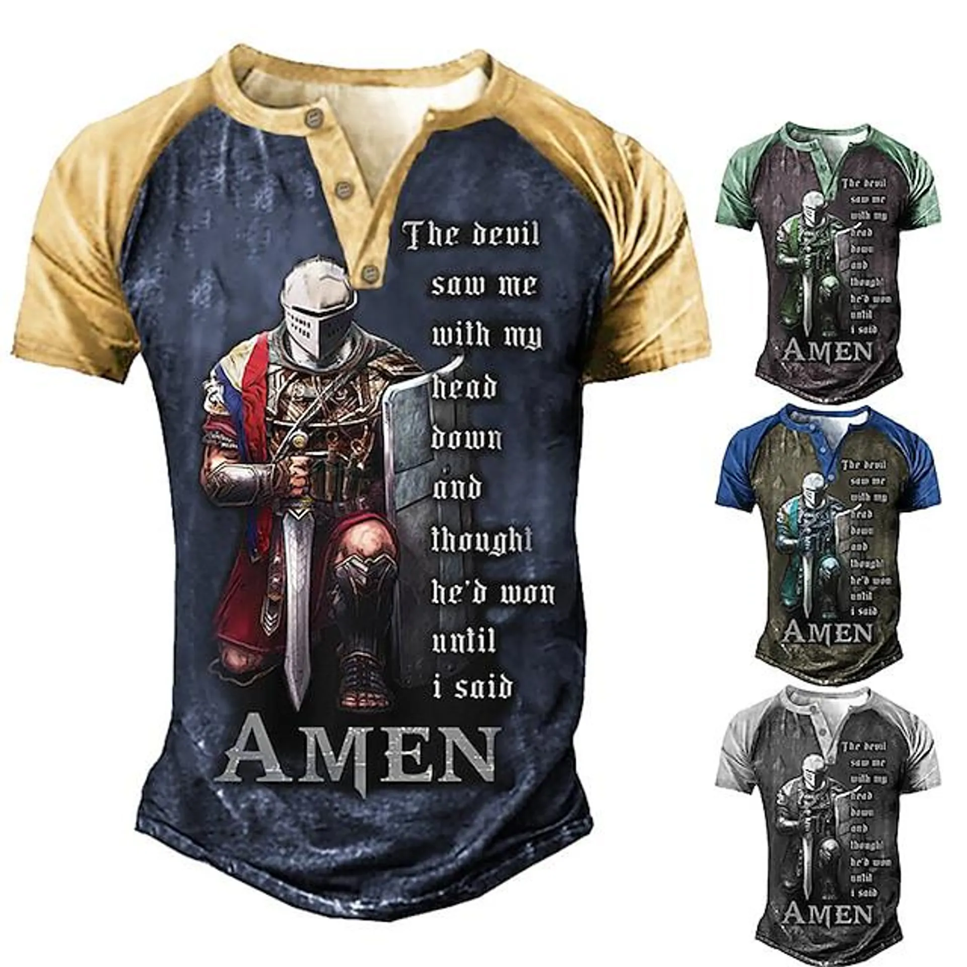 Men's Henley Shirt T shirt Tee Graphic Tees Templar Cross Soldier Henley Green Black Blue Navy Blue Coffee 3D Print Plus Size Outdoor Daily Short Sleeve Patchwork Button-Down Clothing Apparel Basic