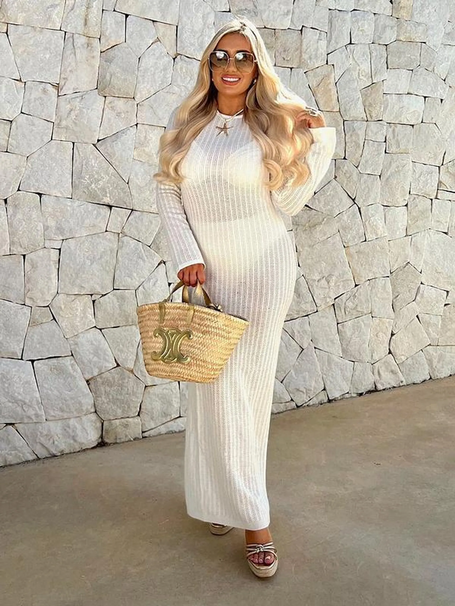 Hannah Brown Knitted Crochet Long Sleeve Maxi Dress - White