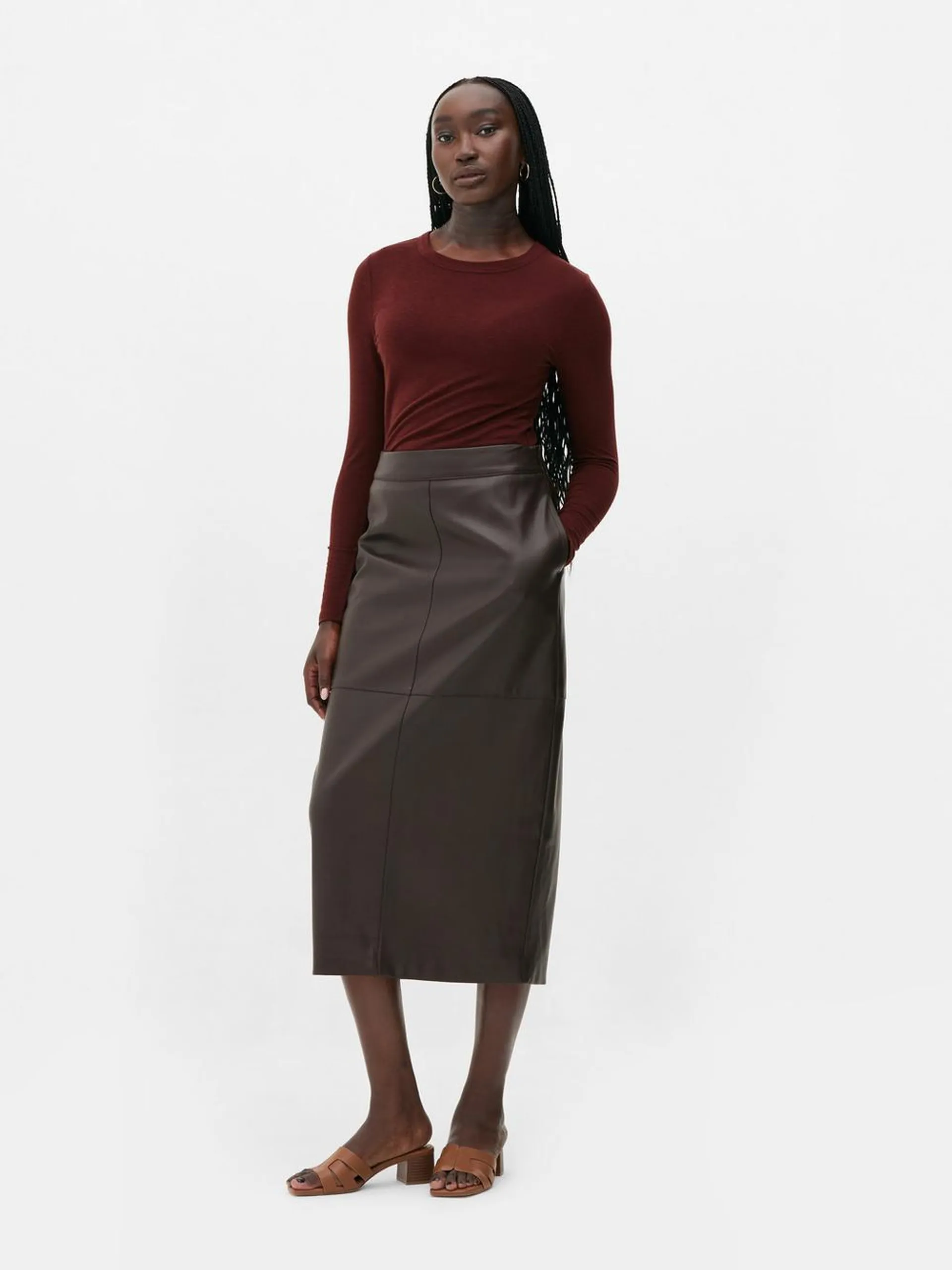 The Edit Faux Leather Midi Skirt