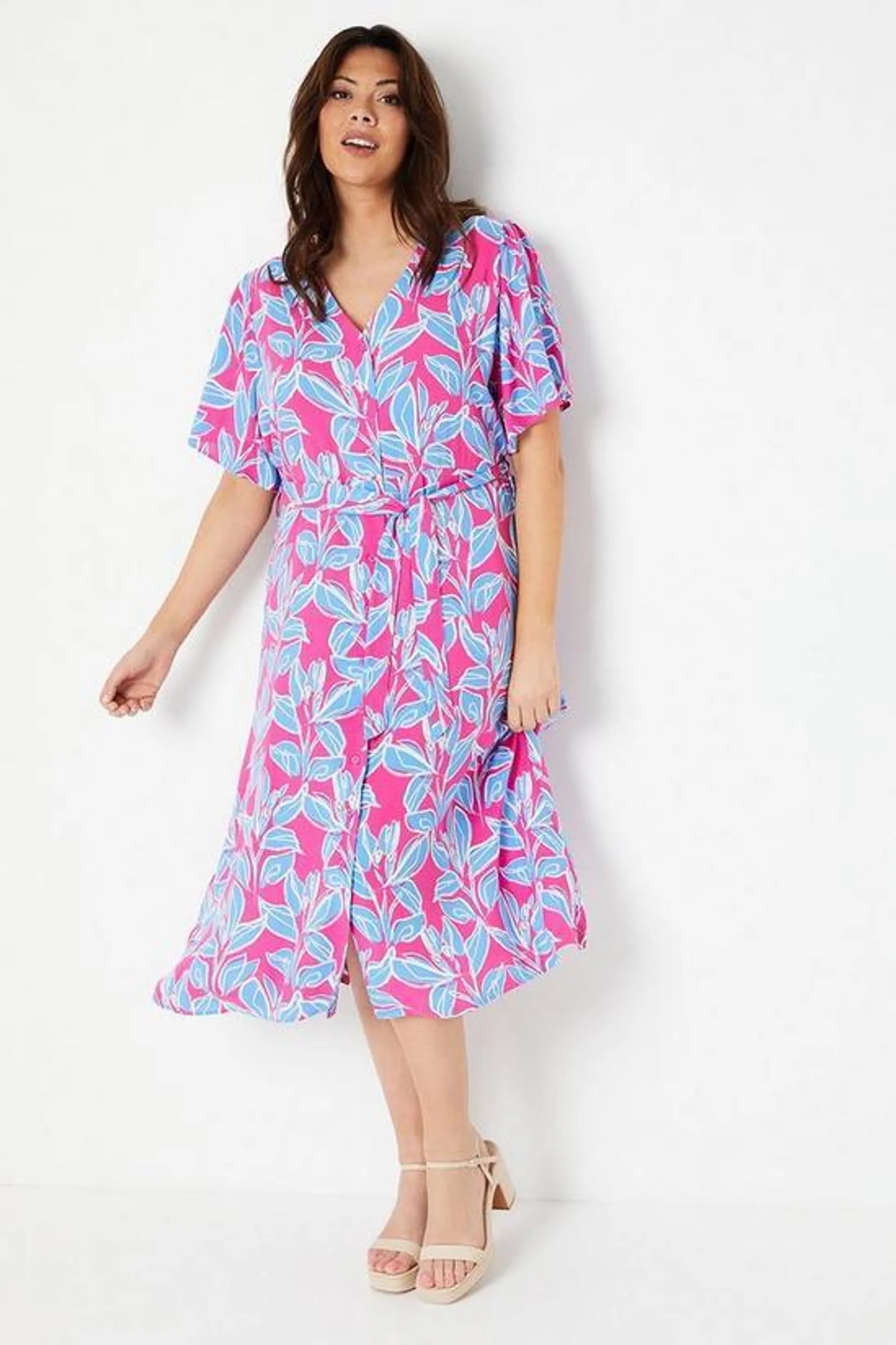 Curve Pink Floral Print Button Through Midi Dress