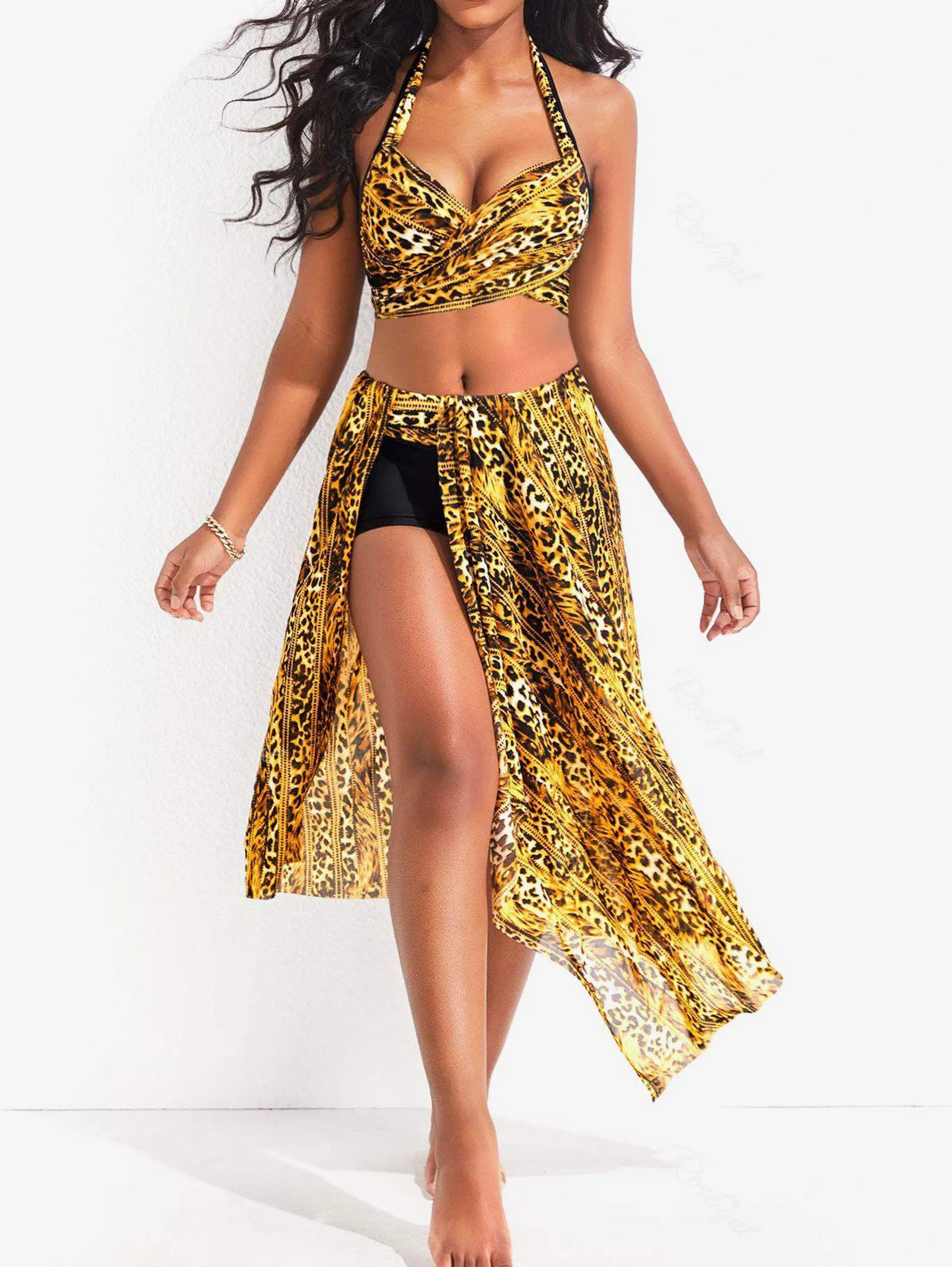 Plus Size Leopard Halter Wrap Boyleg Bikini Set and Sarong Three Piece Swimsuit - 4x | Us 26-28