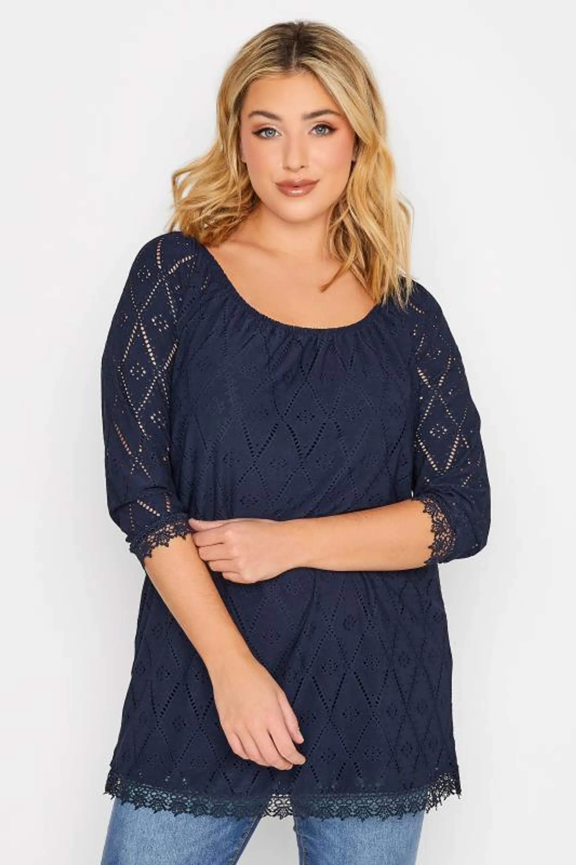 YOURS Curve Navy Blue Pointelle Lace Trim Top