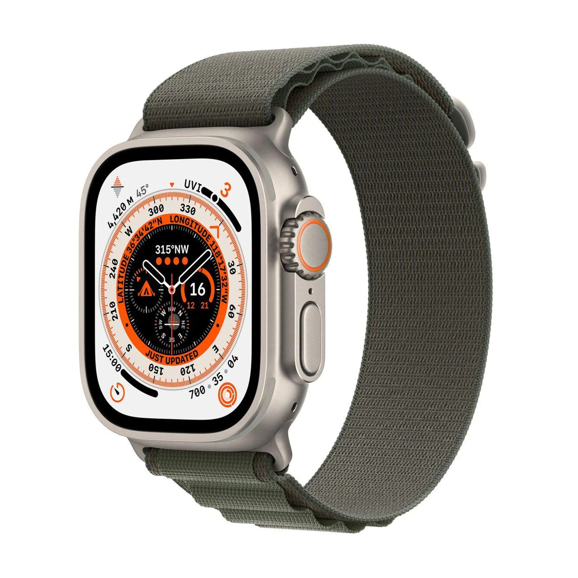 Apple Watch Ultra, 49mm, GPS + Cellular [2022] - Titanium Case with Green Alpine Loop - Medium