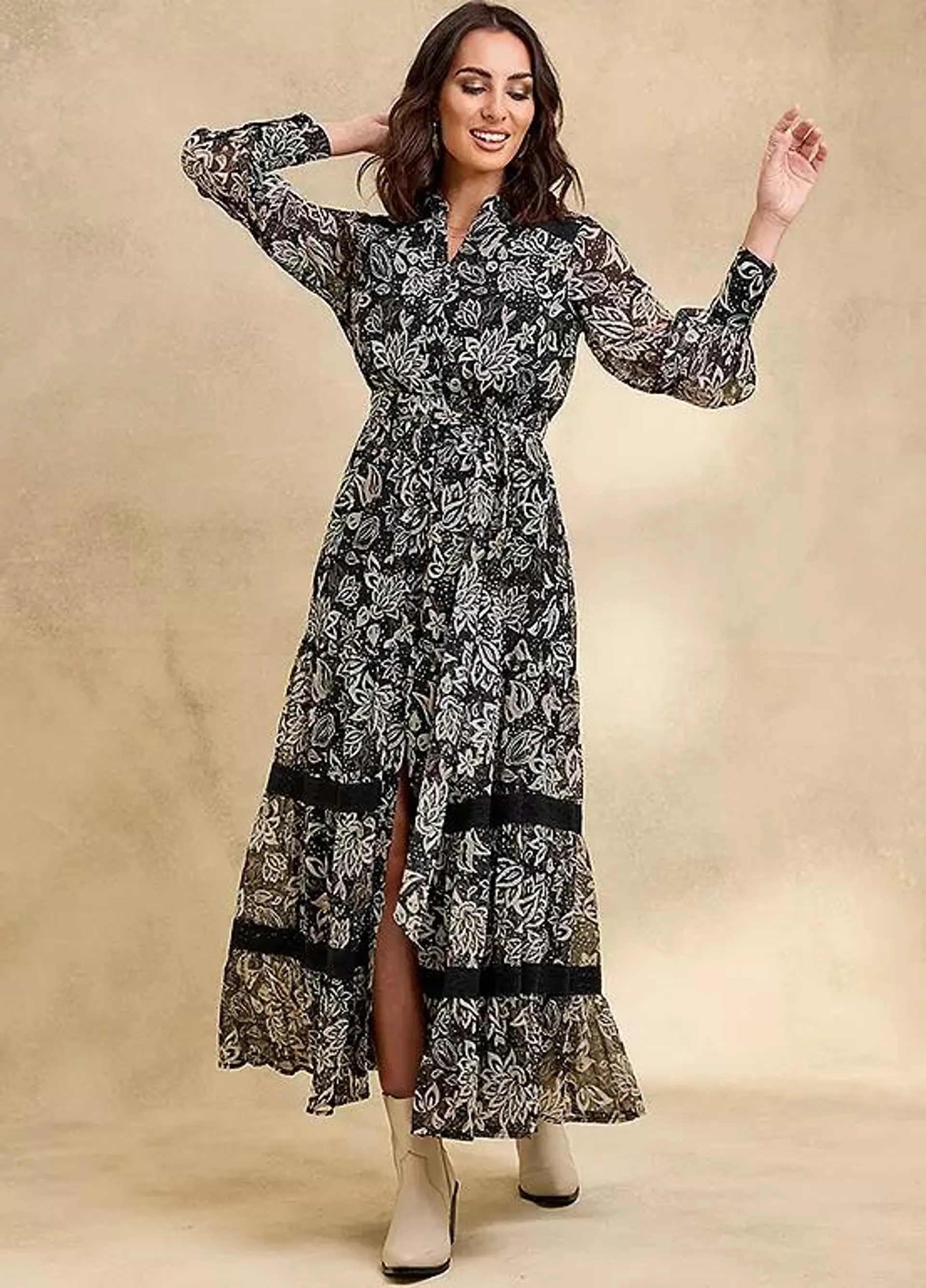 Together Mono Floral Print Maxi Shirt Dress