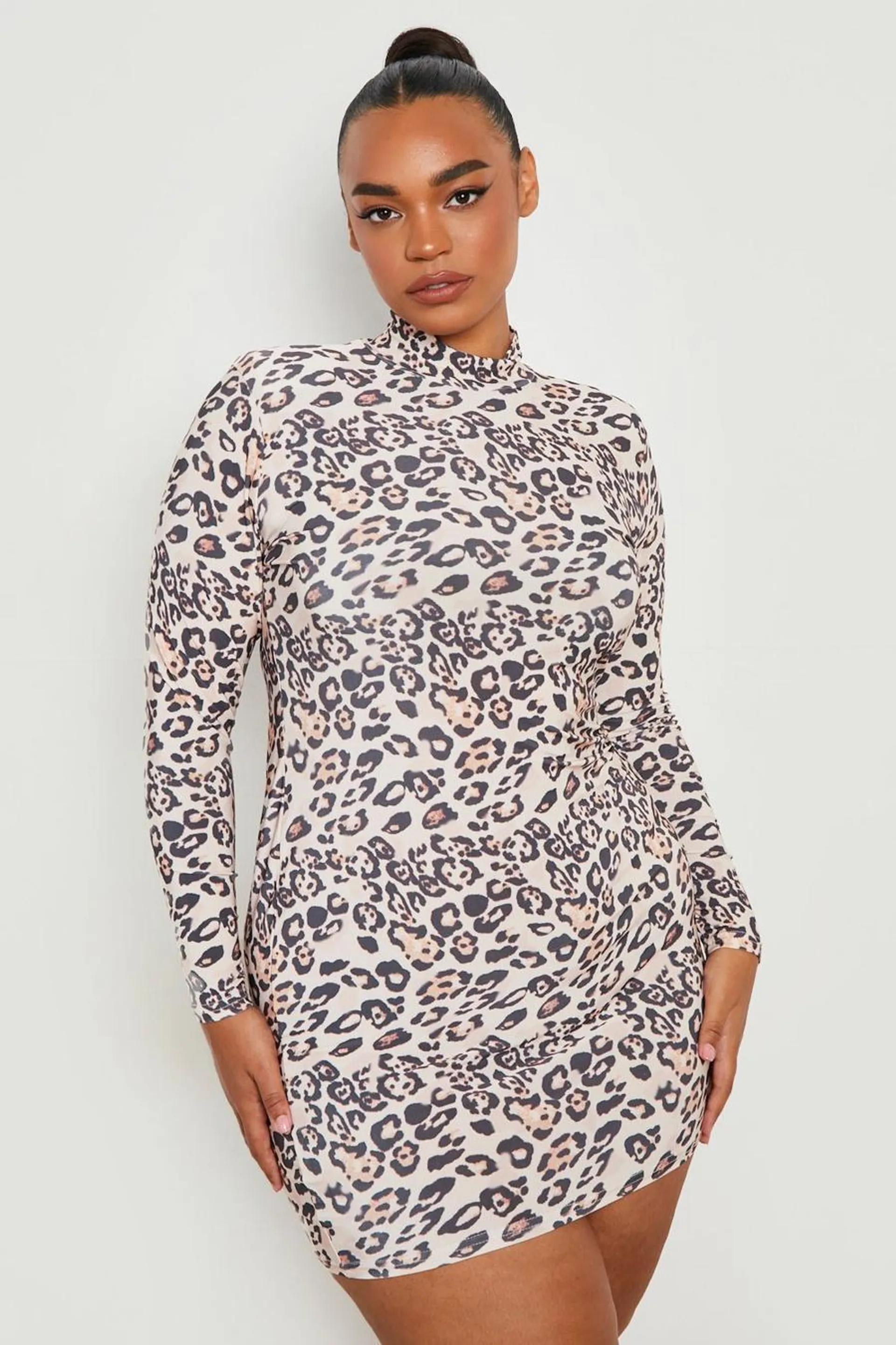 Plus Leopard Slinky Shoulder Pad Bodycon Dress