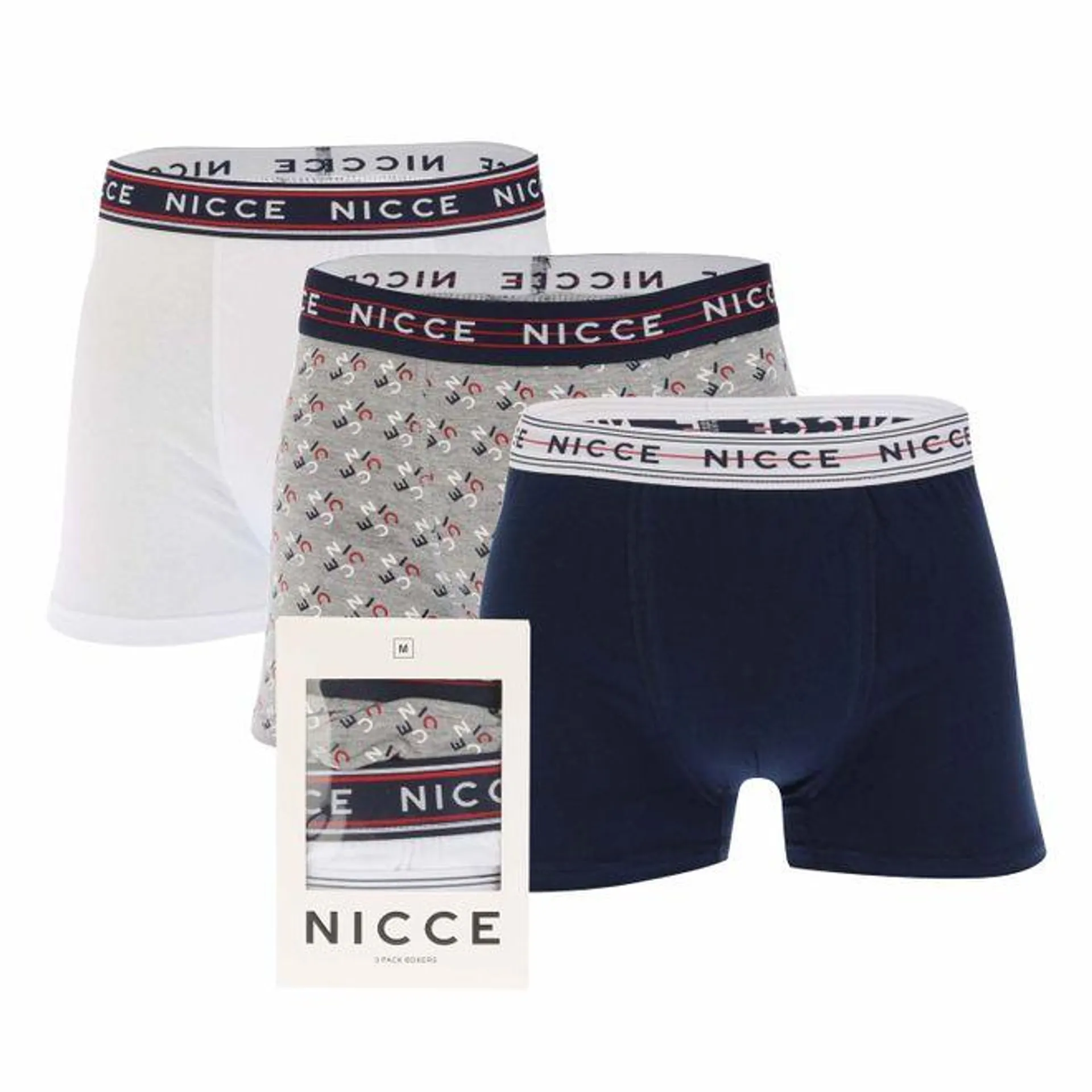 NICCE Mens Porter 3 Pack Boxer Shorts in White Navy