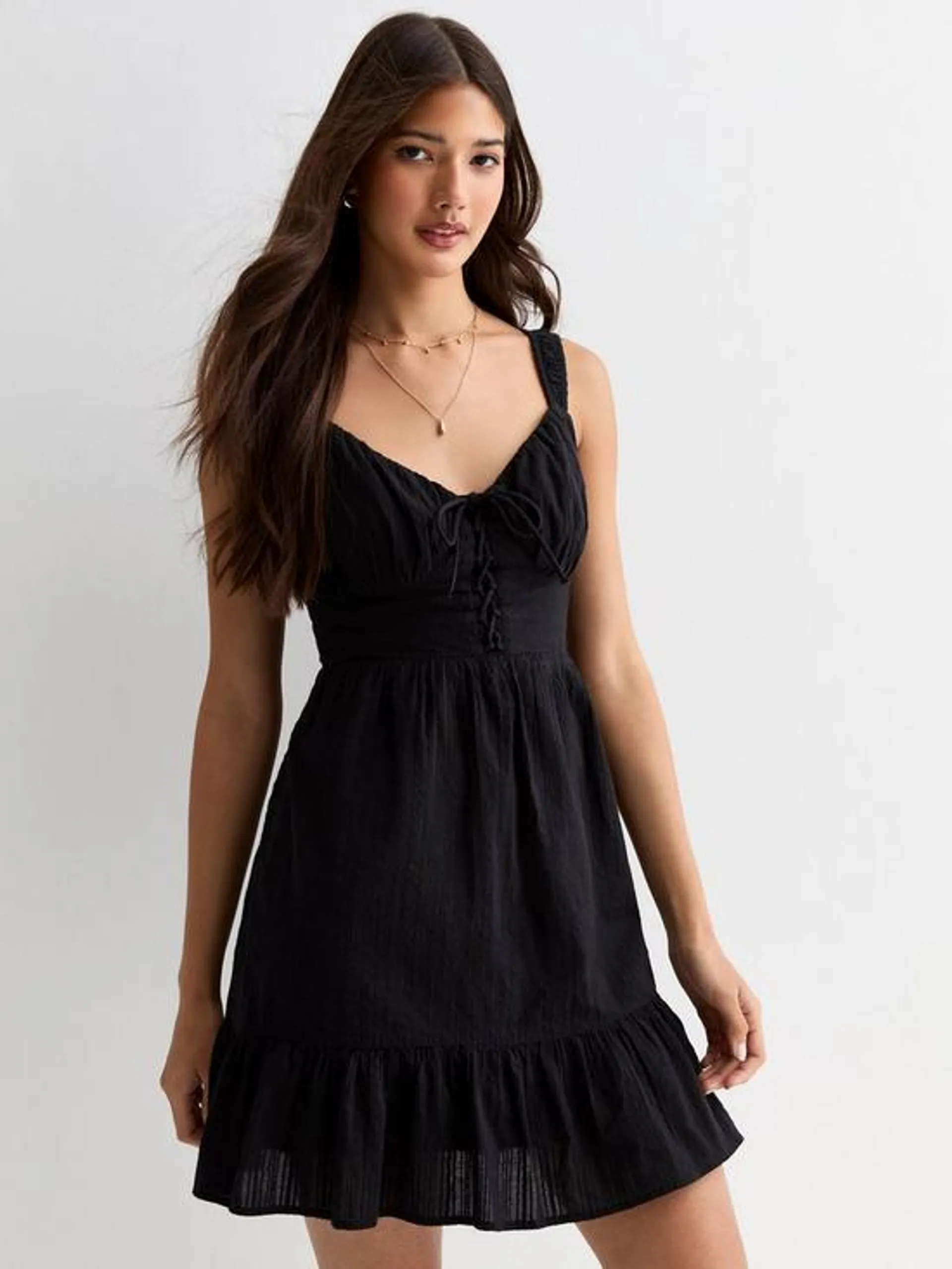 Black Cotton Lace-up Milkmaid Mini Dress