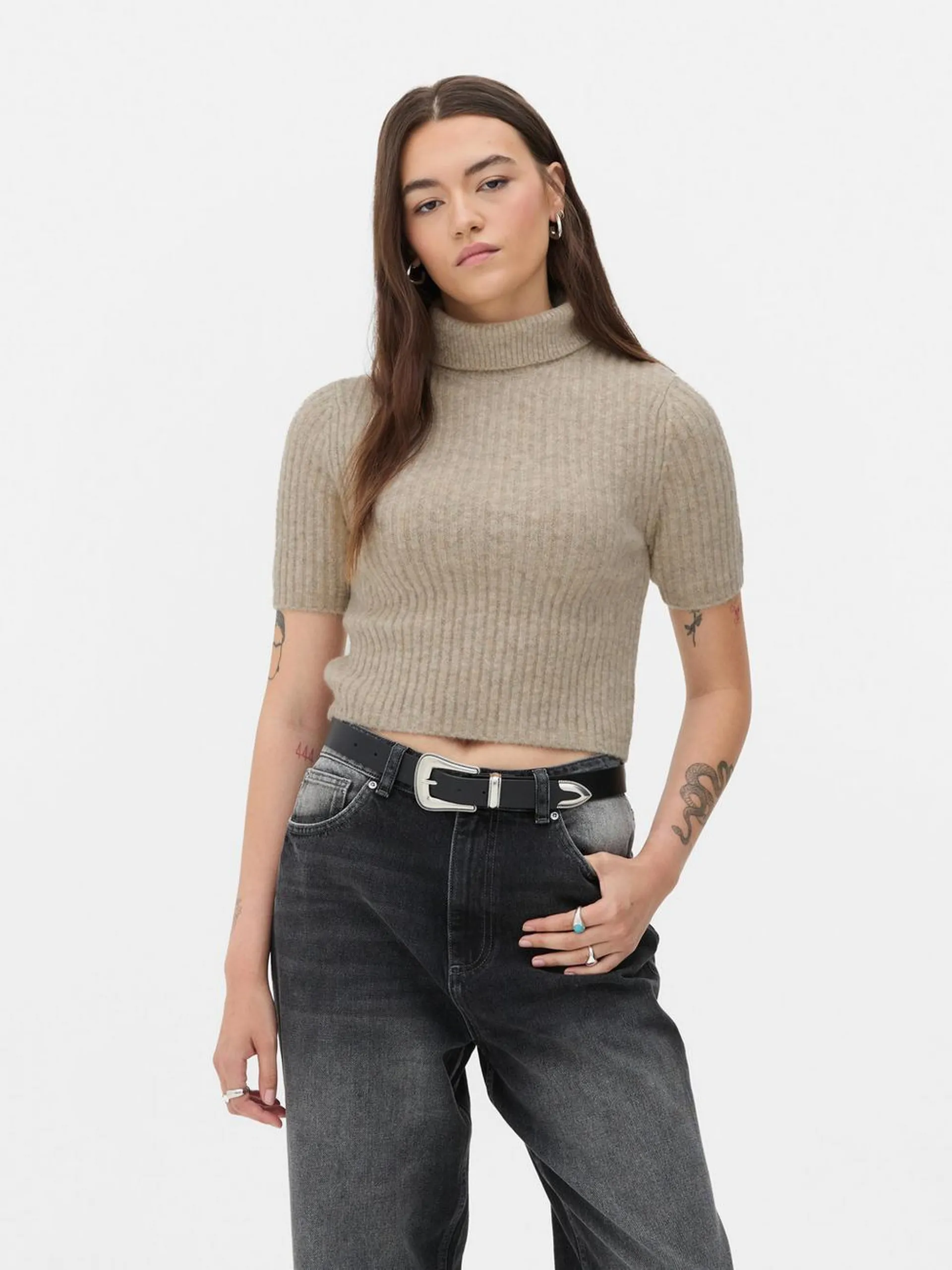 Ribbed Short Sleeve Turtleneck Jumper