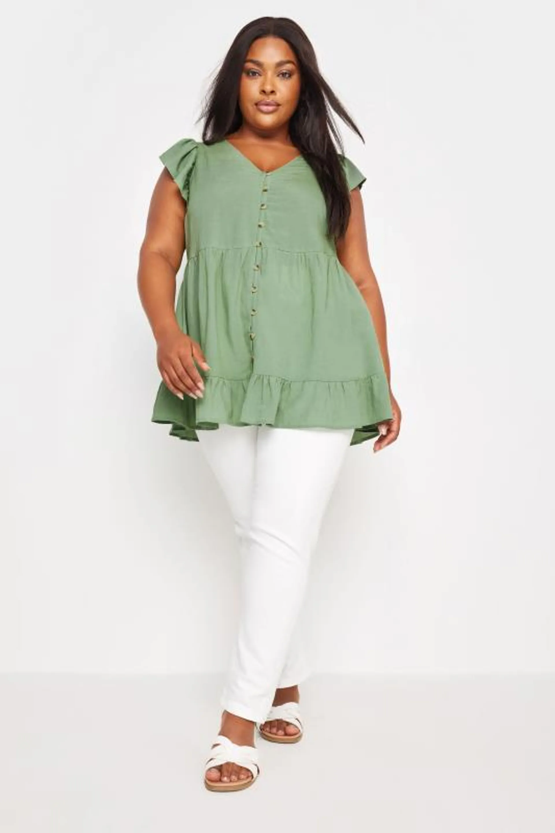 YOURS Curve Sage Green Tiered Linen Blouse