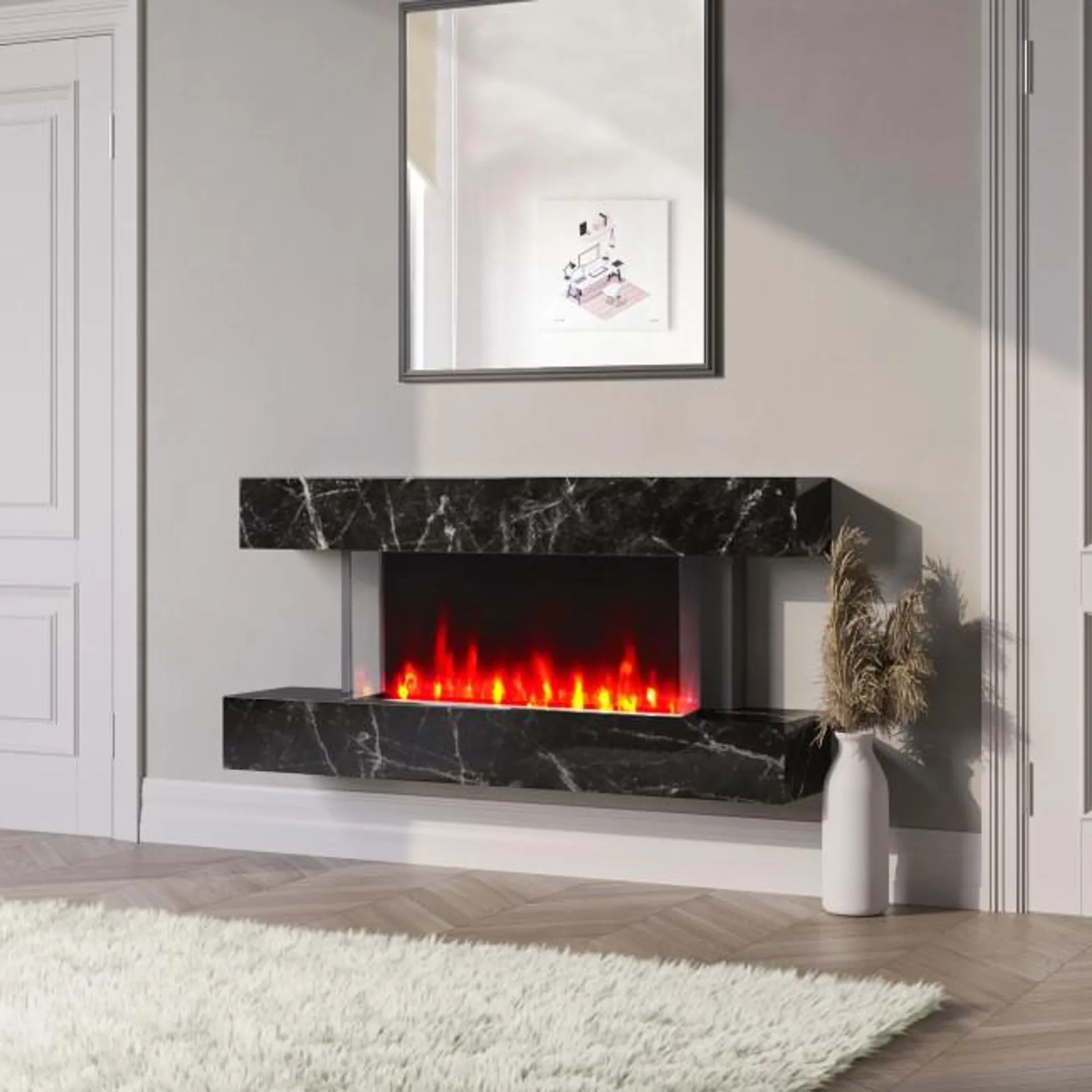 47 Inch Black Marble Wall Mounted Smart Wifi Electric Fireplace - AmberGlo
