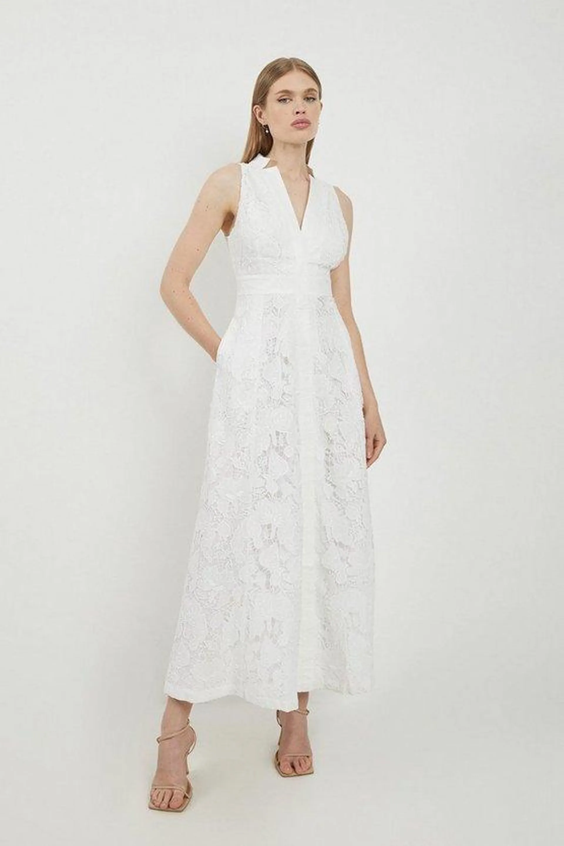 Lydia Millen Petite Lace with Cotton Sateen Woven Halter Dress