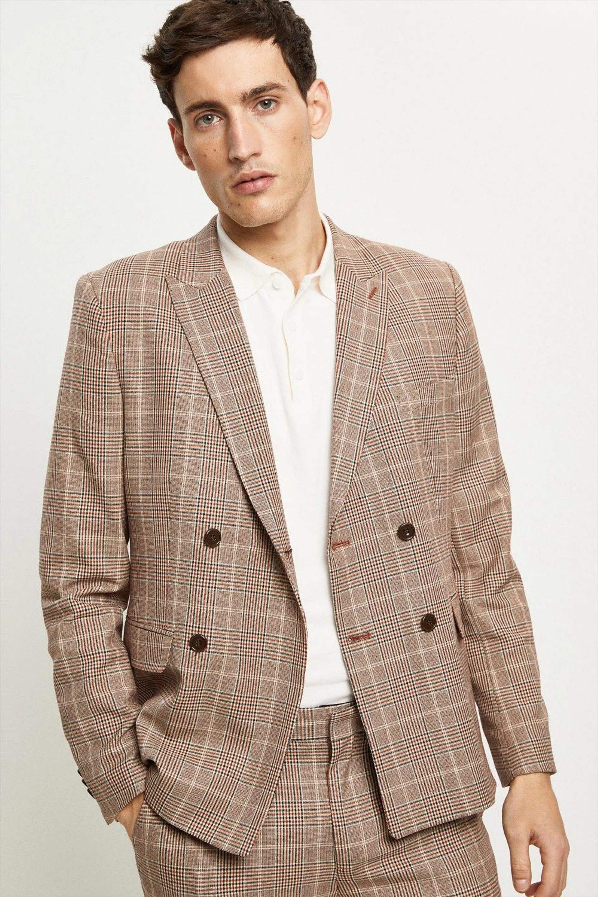 Skinny Fit Red Pow Check Double Breasted Suit Jacket