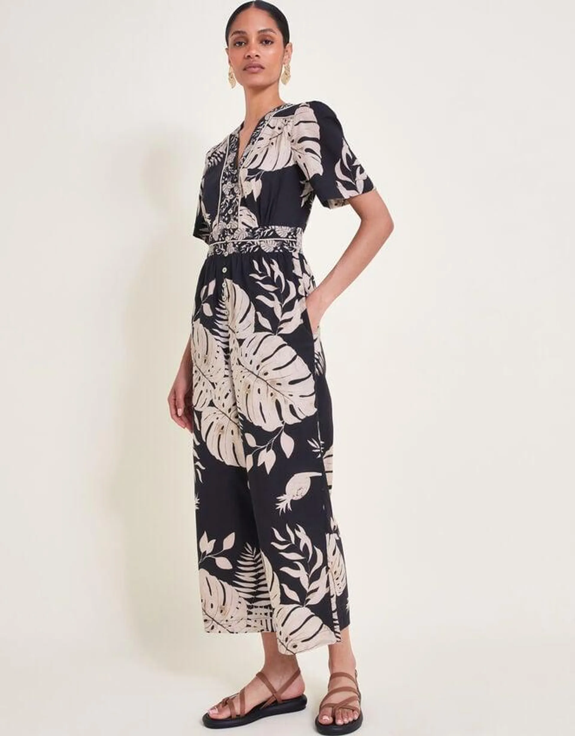 Petra Palm Print Jumpsuit Black