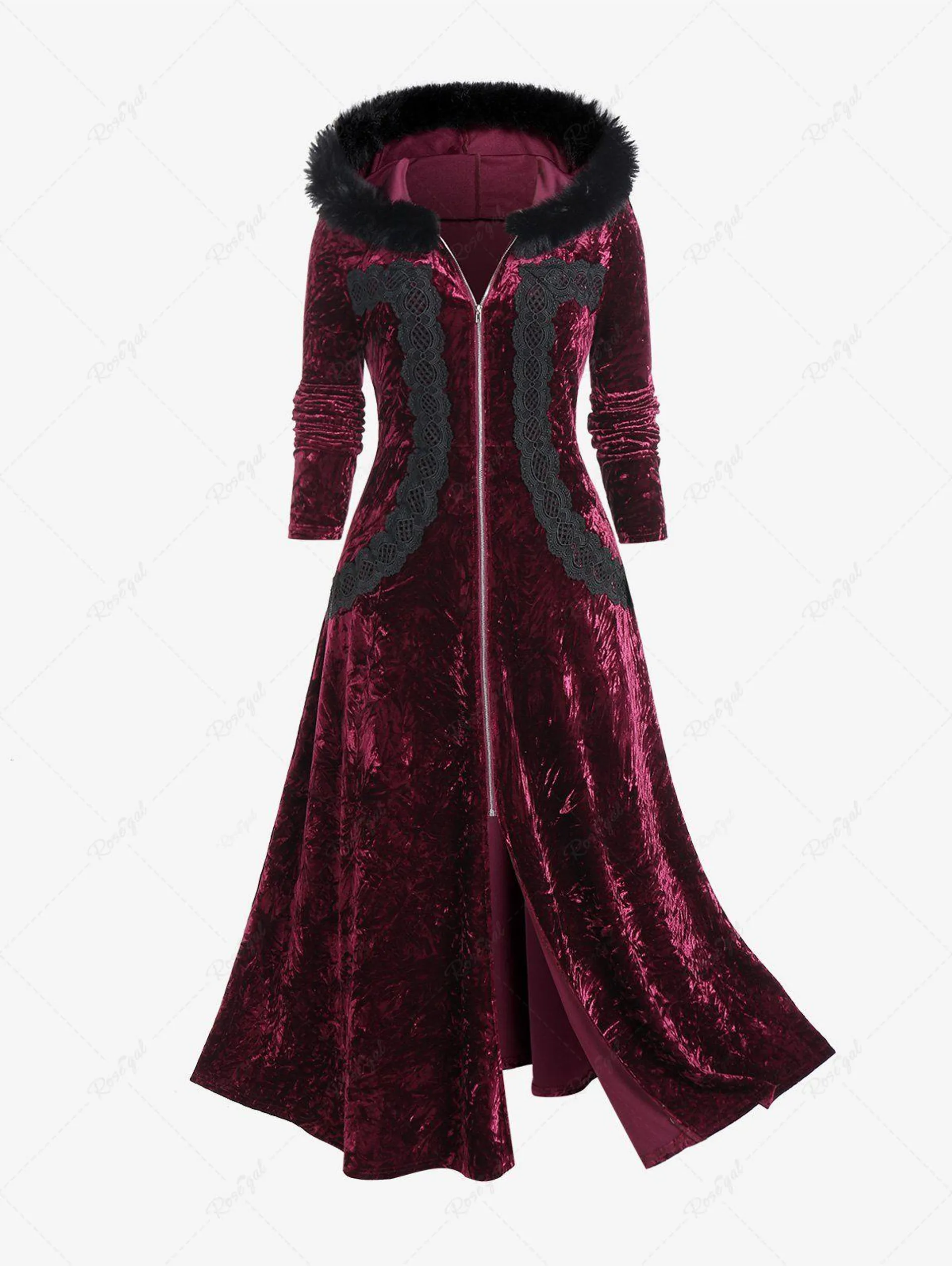 Plus Size Faux-fur Hooded Lace Applique Crushed Velvet Long Coat - 1x | Us 14-16