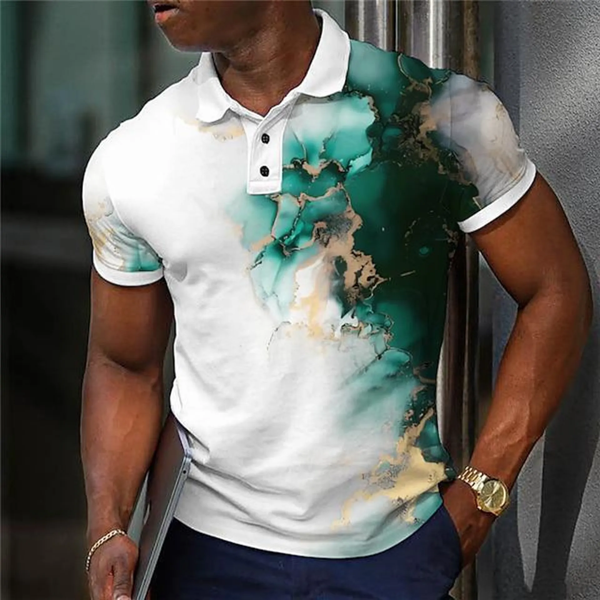 Men's Button Up Polos Lapel Polo Polo Shirt Golf Shirt Gradient Graphic Prints Marble Turndown Light Green Red Blue Green Gray Outdoor Street Short Sleeves Print Clothing Apparel Sports Fashion