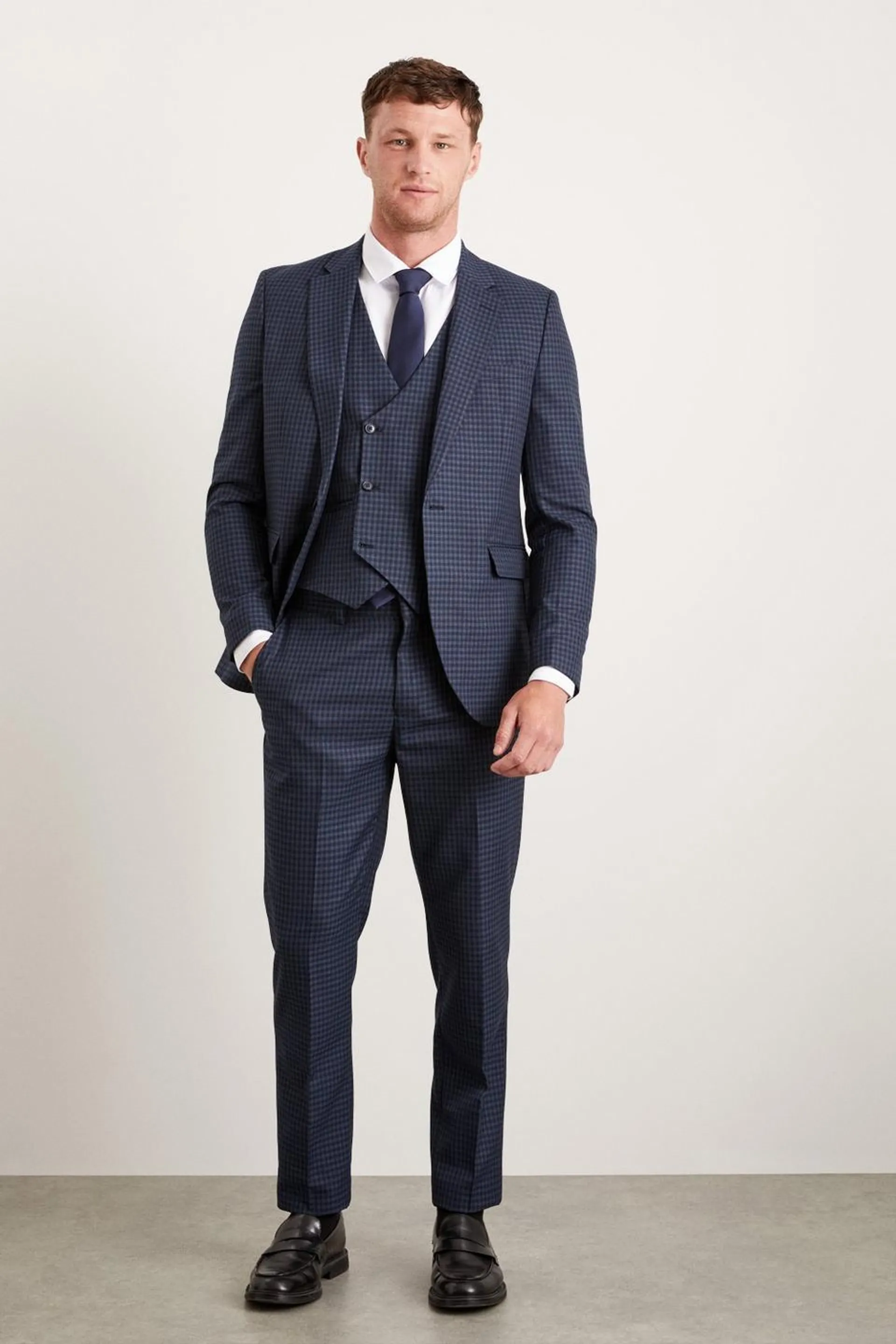 Slim Fit Navy Small Scale Check Suit Jacket
