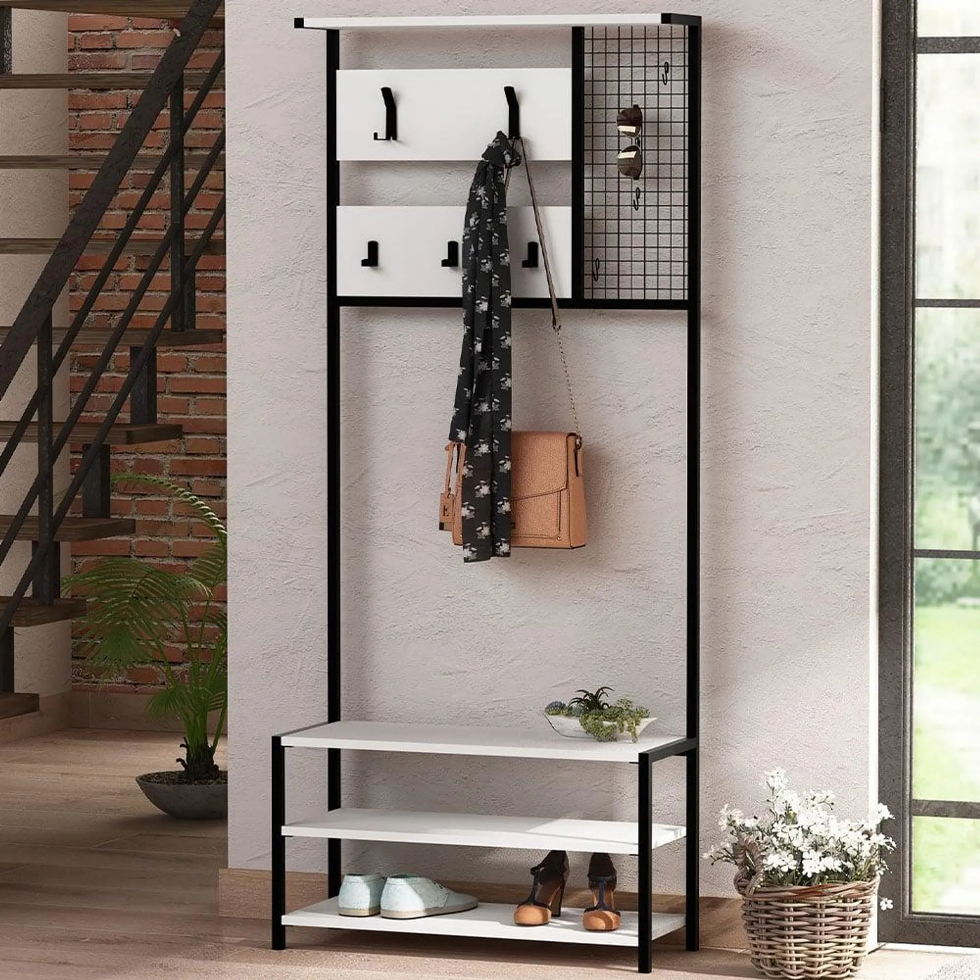 GFW Shifnal 2 Shelf White Hallway Storage Unit with Hooks