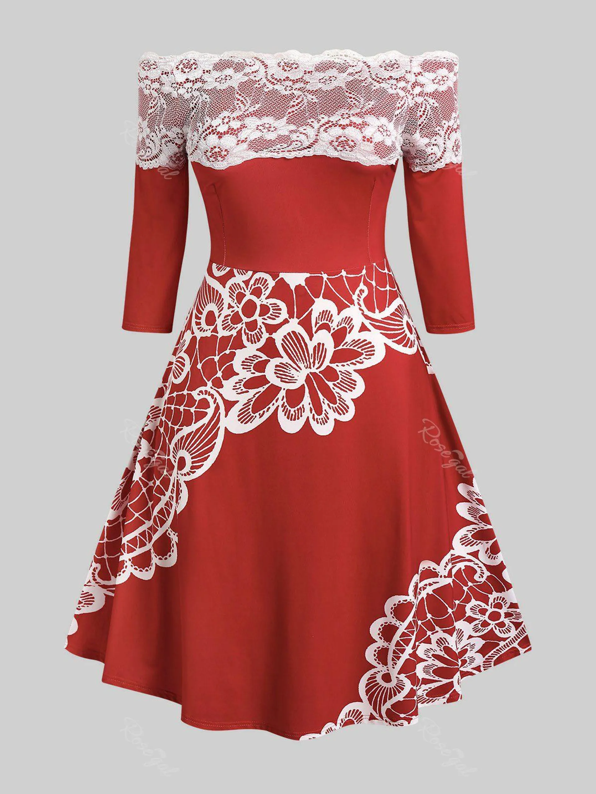 Plus Size Lace Panel Floral Print Off The Shoulder 1950s Dress - L