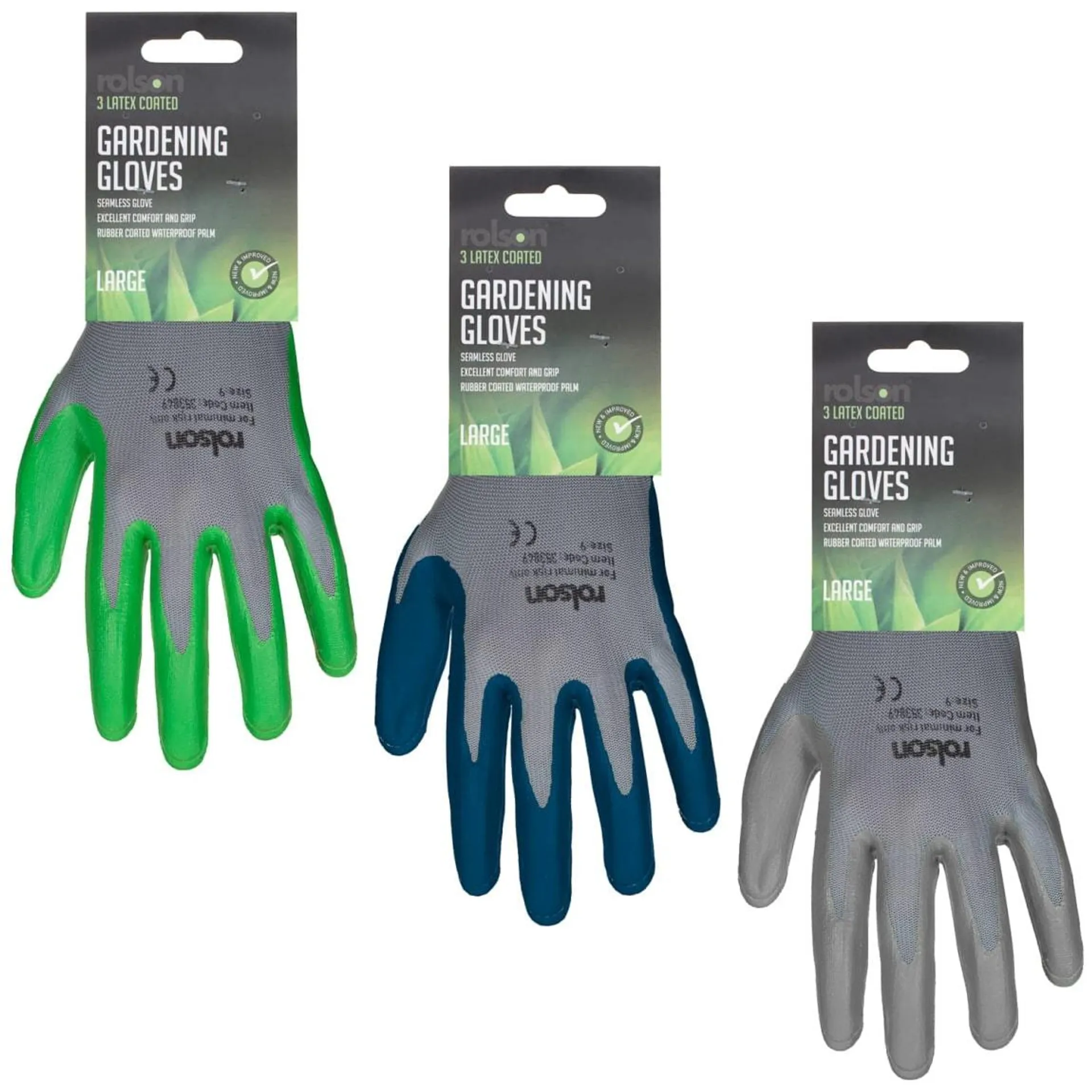 Rolson Latex Coated Gardening Gloves 3pk - Grey