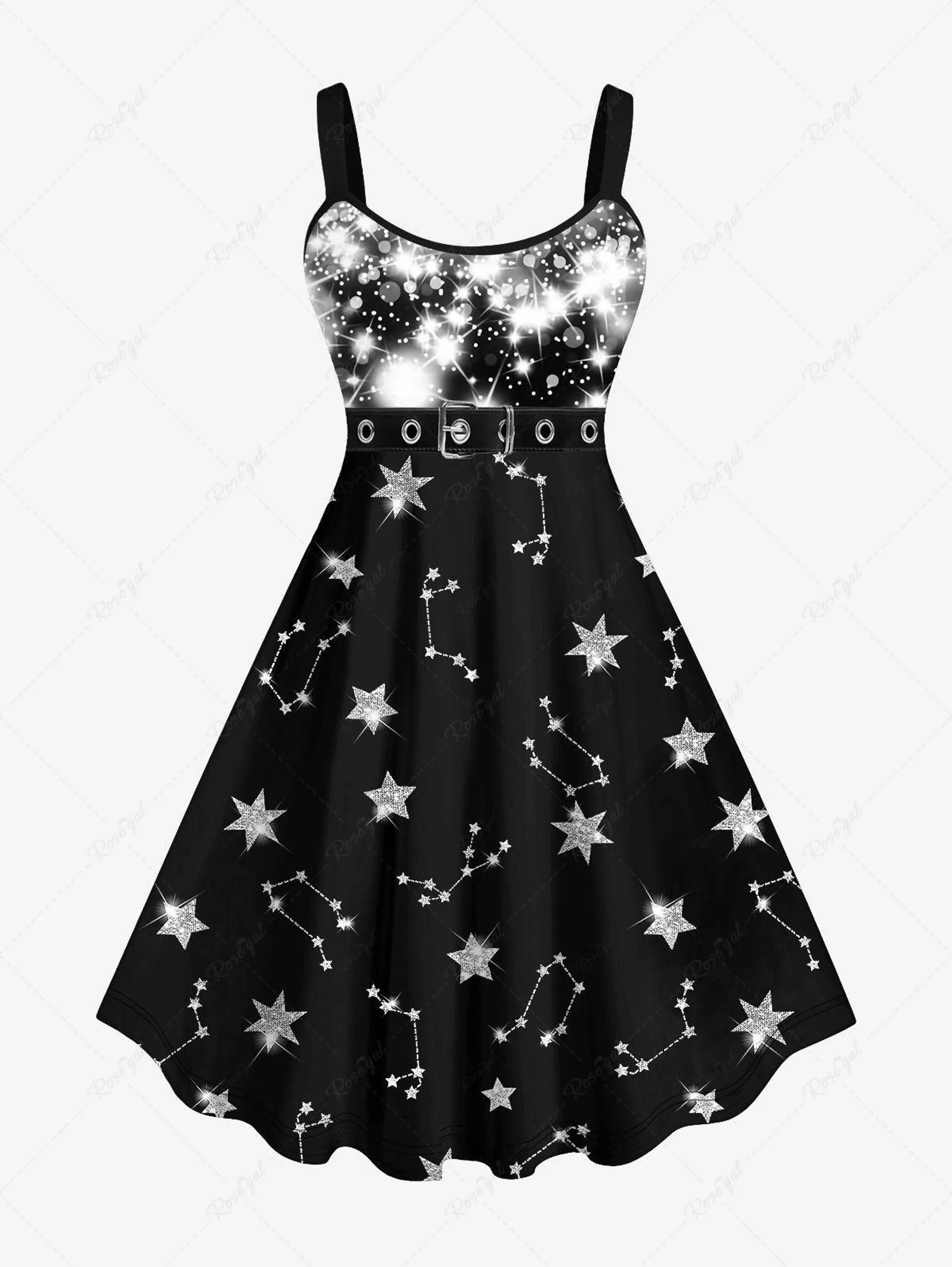 Plus Size Galaxy Star Glitter Buckle Belt 3D Print Tank Party Dress - L