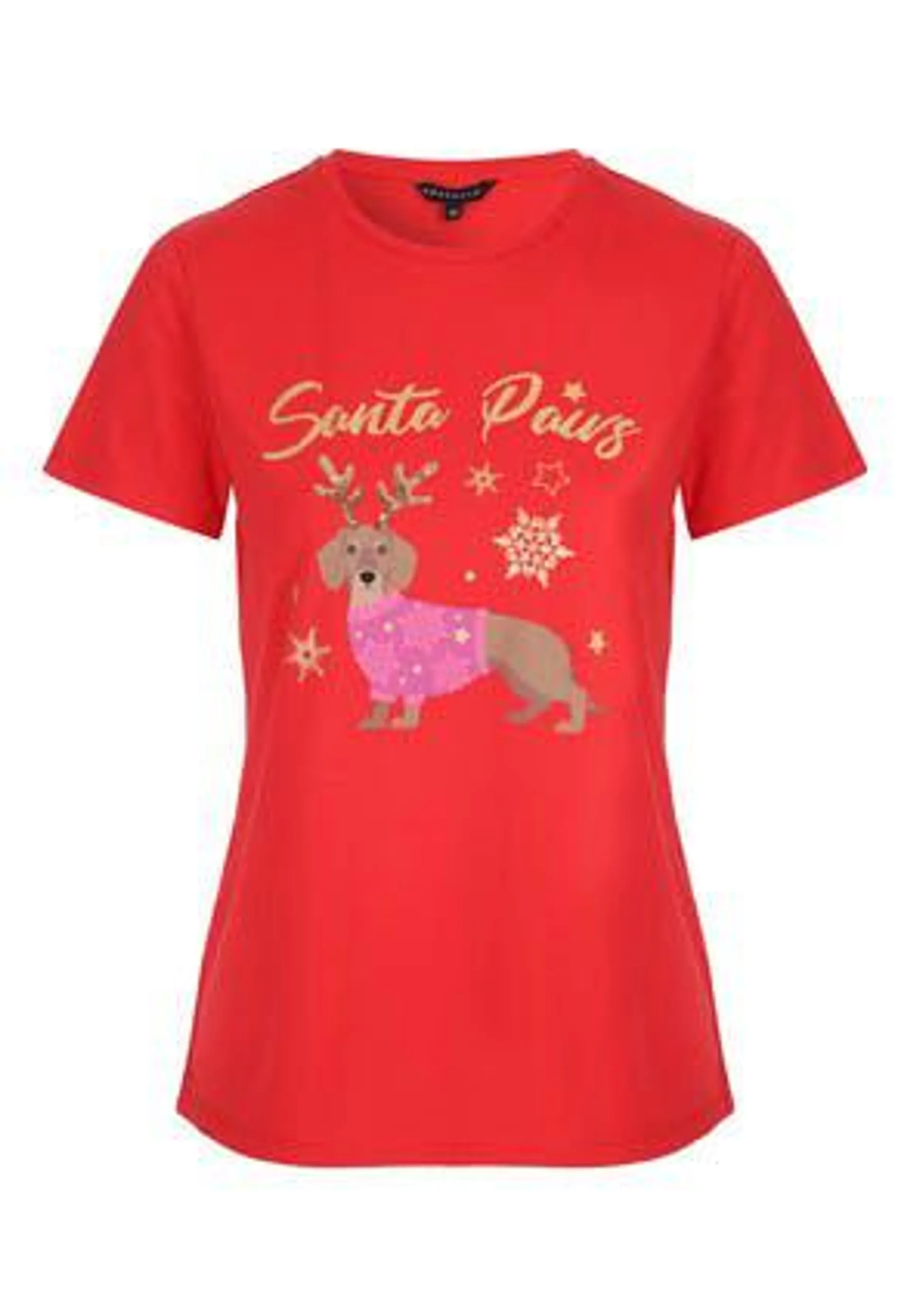 Womens Red Santa Paws Christmas T-Shirt