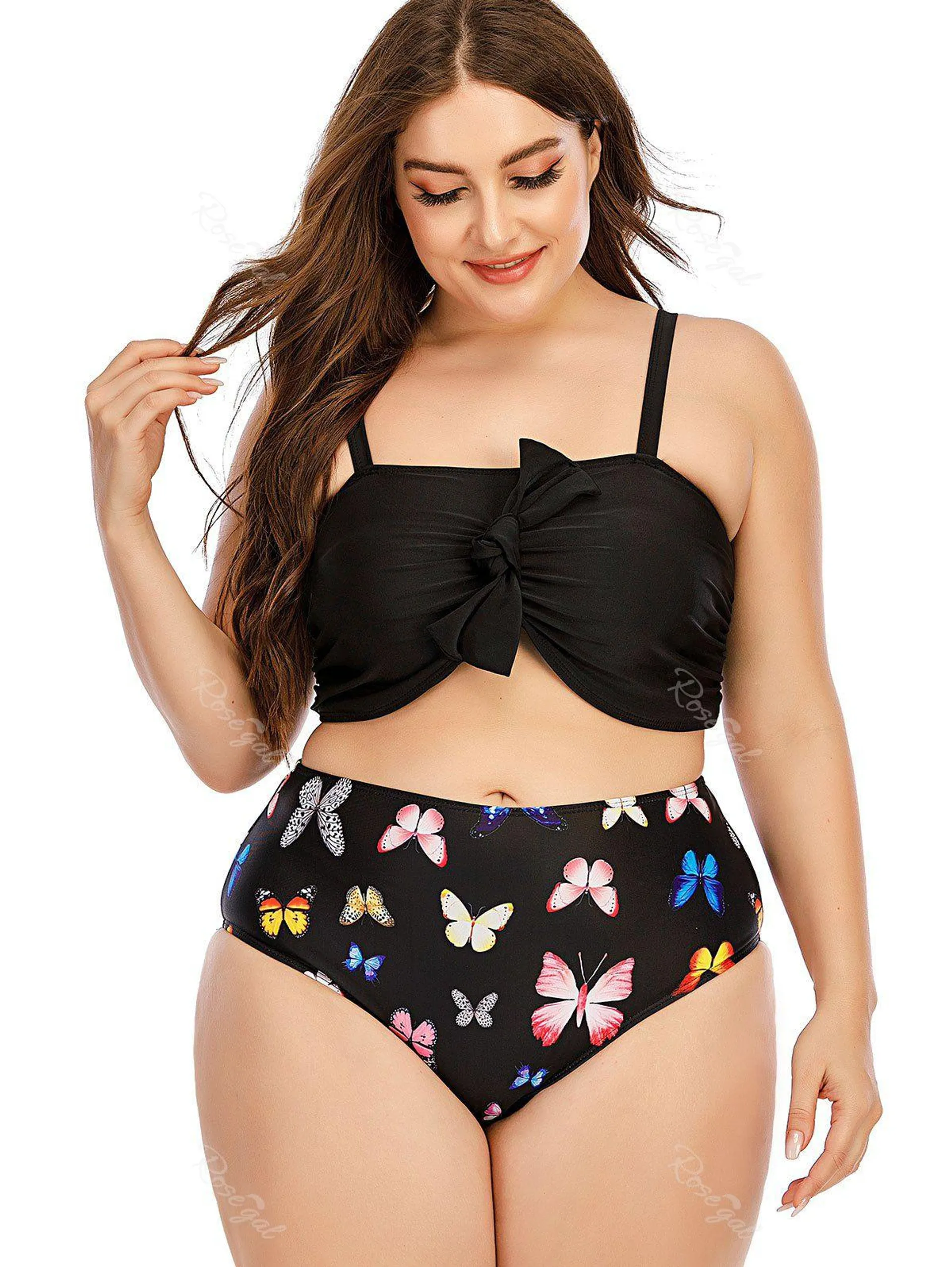 Plus Size Bowknot Butterfly Print High Waist Bikini Swimsuit - 3xl