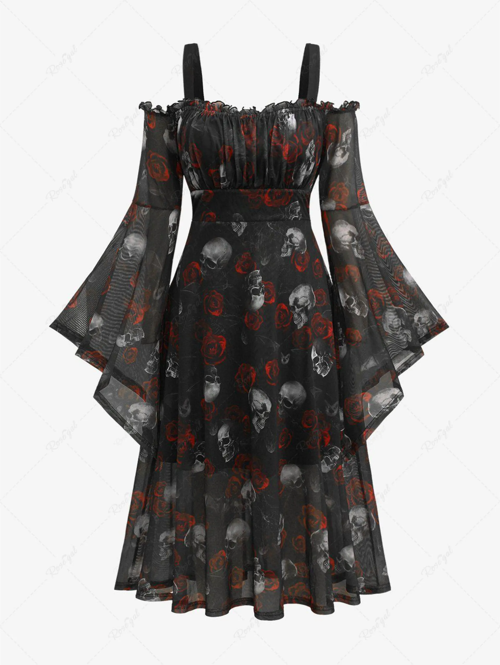 Plus Size Skull Rose Print Mesh Bell Sleeves Cold Shoulder Valentines Dress - 4x | Us 26-28