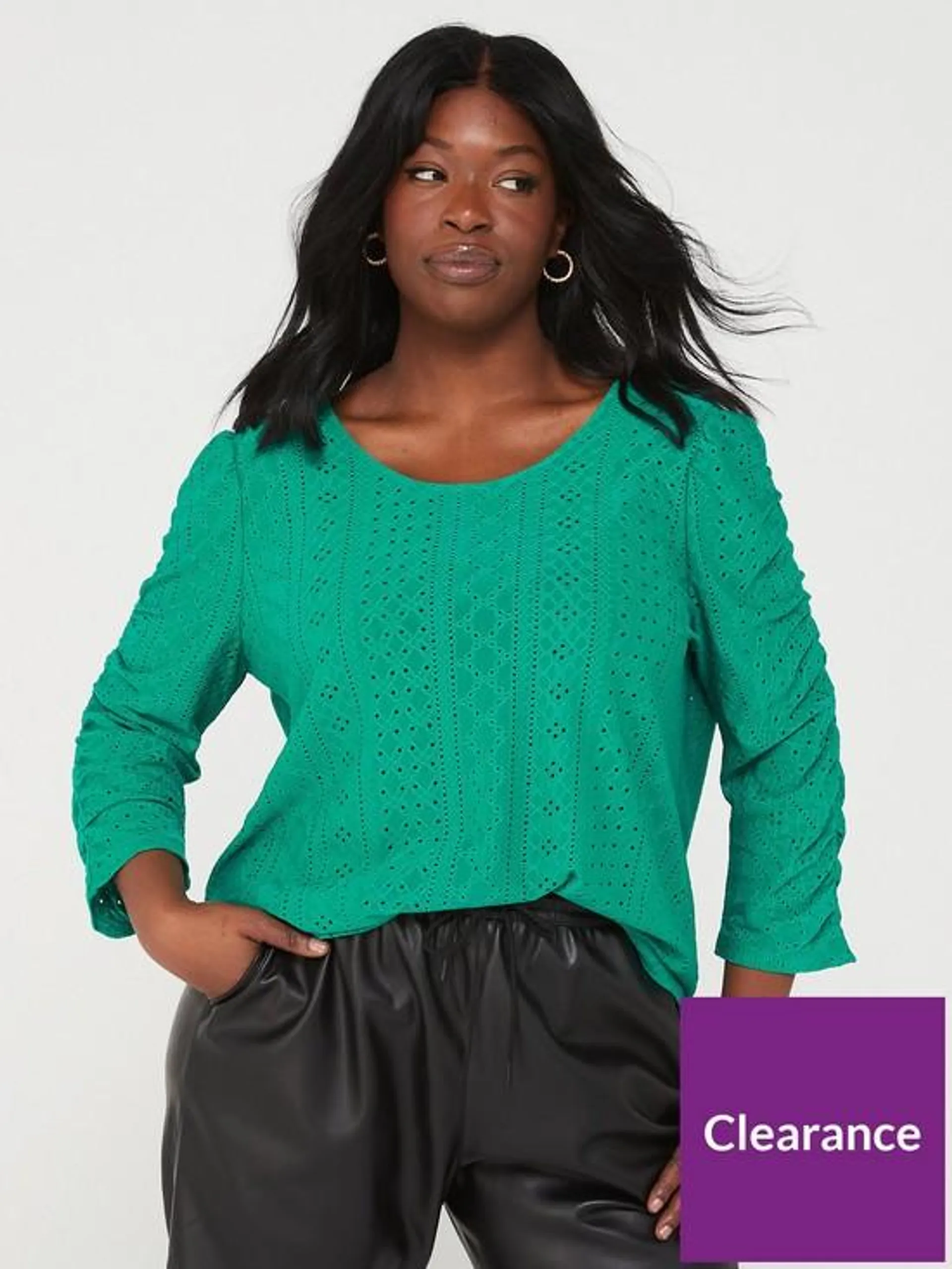 Jersey Broderie Ruched Sleeve Top