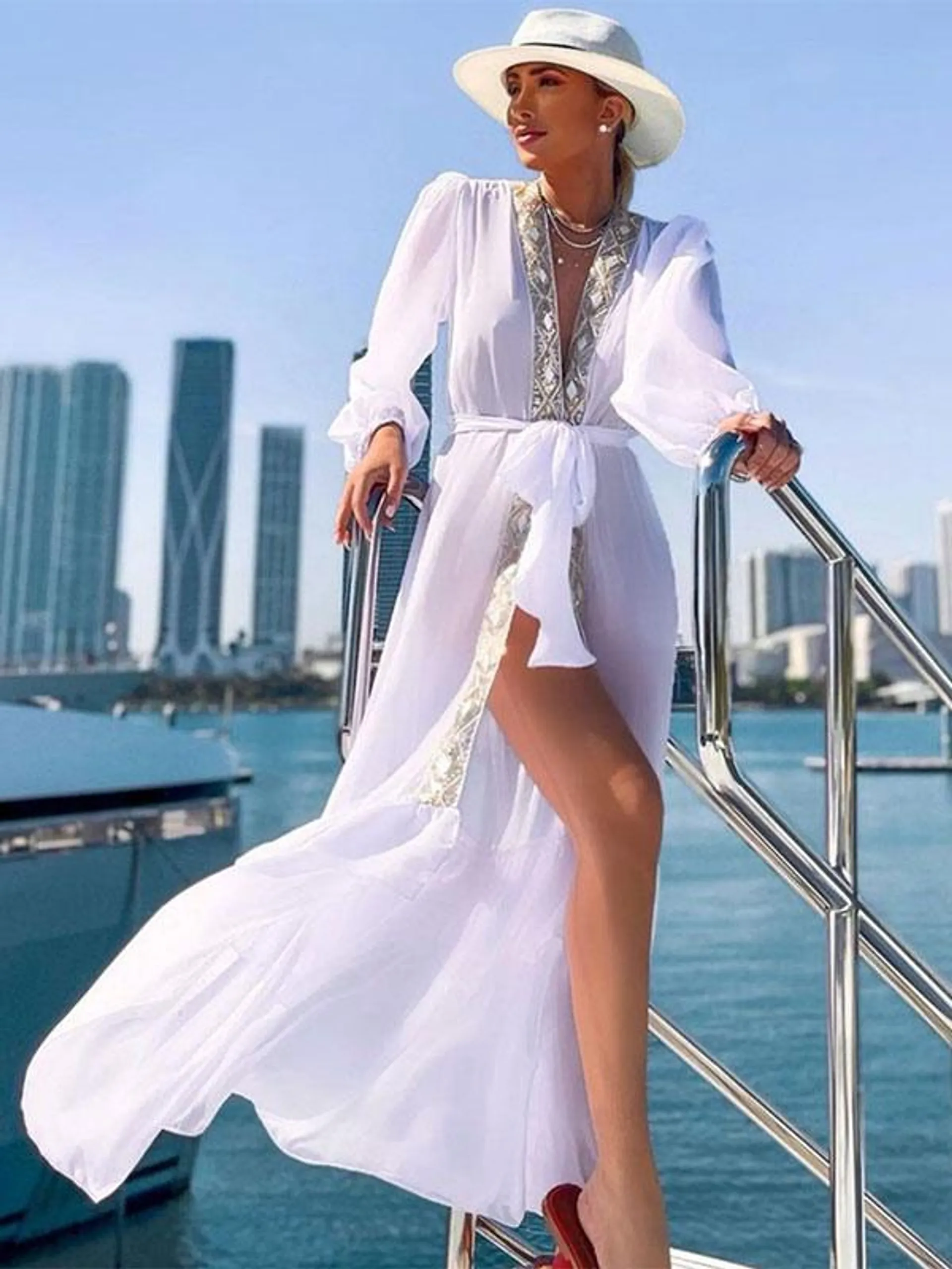 Women Cover Ups White Pleated V-Neck Long Sleeves Oversized Summer Sexy Bathing Suits