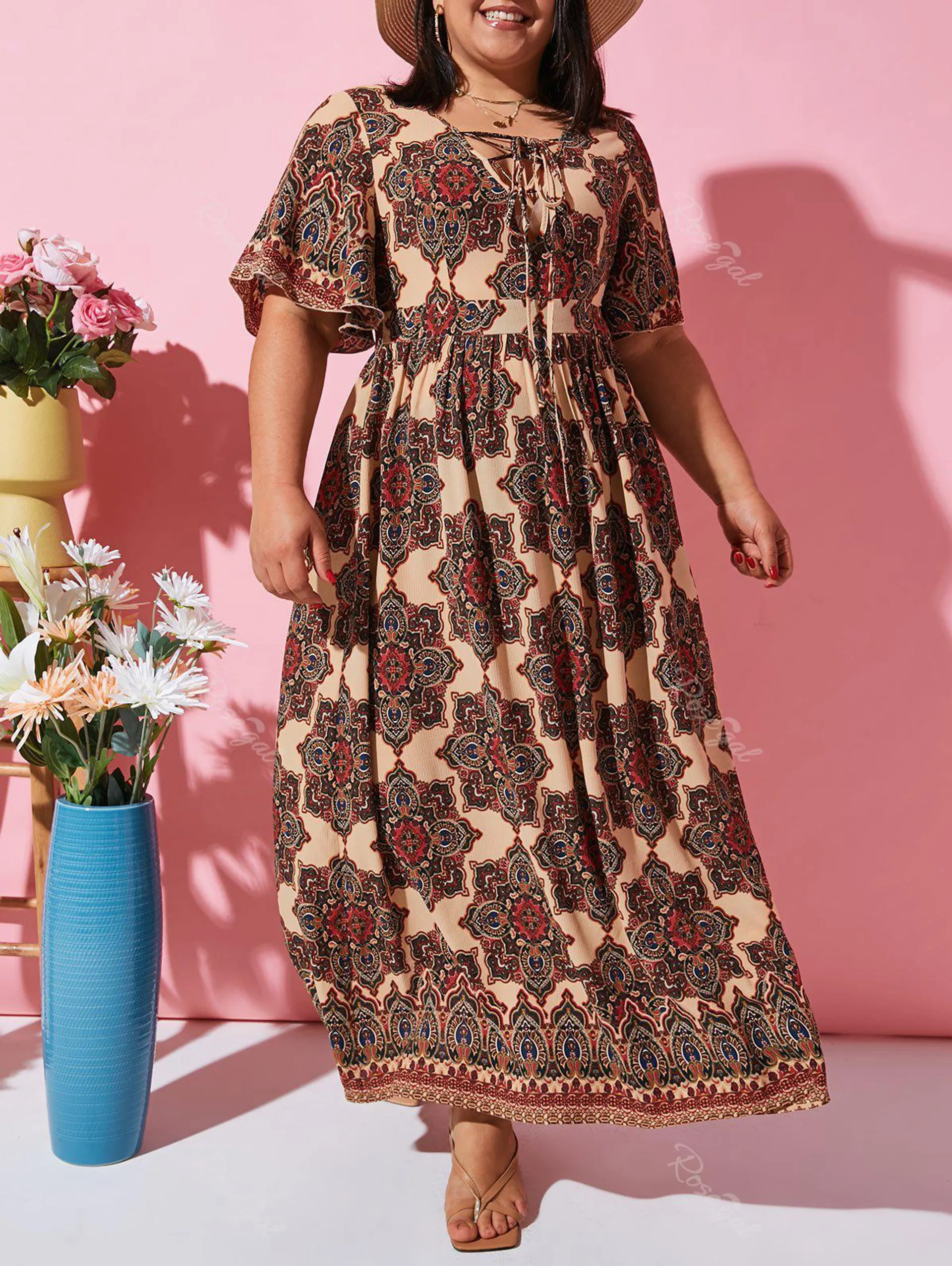 Flutter Sleeve Ethnic Printed Lace Up Plus Size Dress - 2x