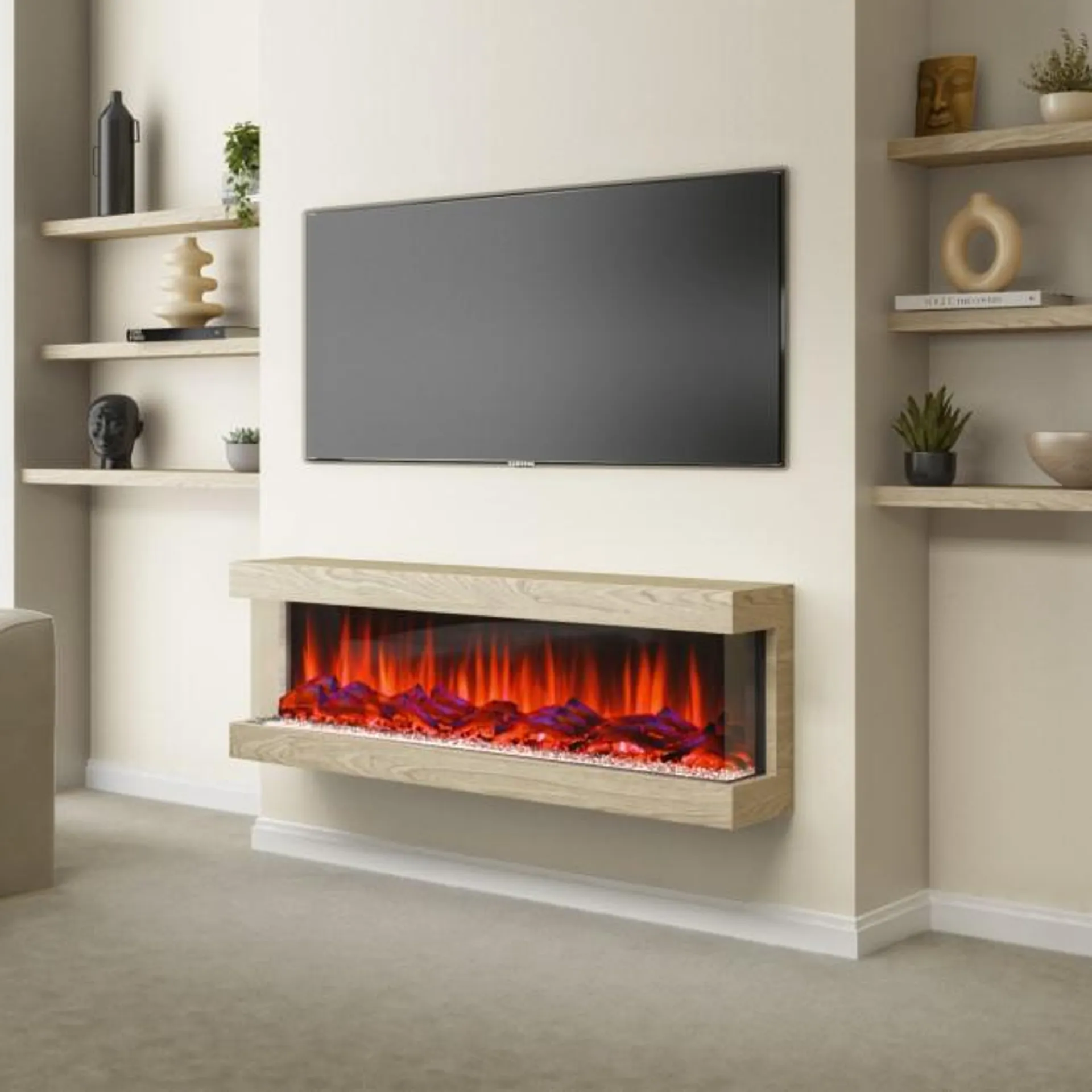 51 Inch Wood Effect Wall Mounted Electric Fire with LED Lights - AmberGlo