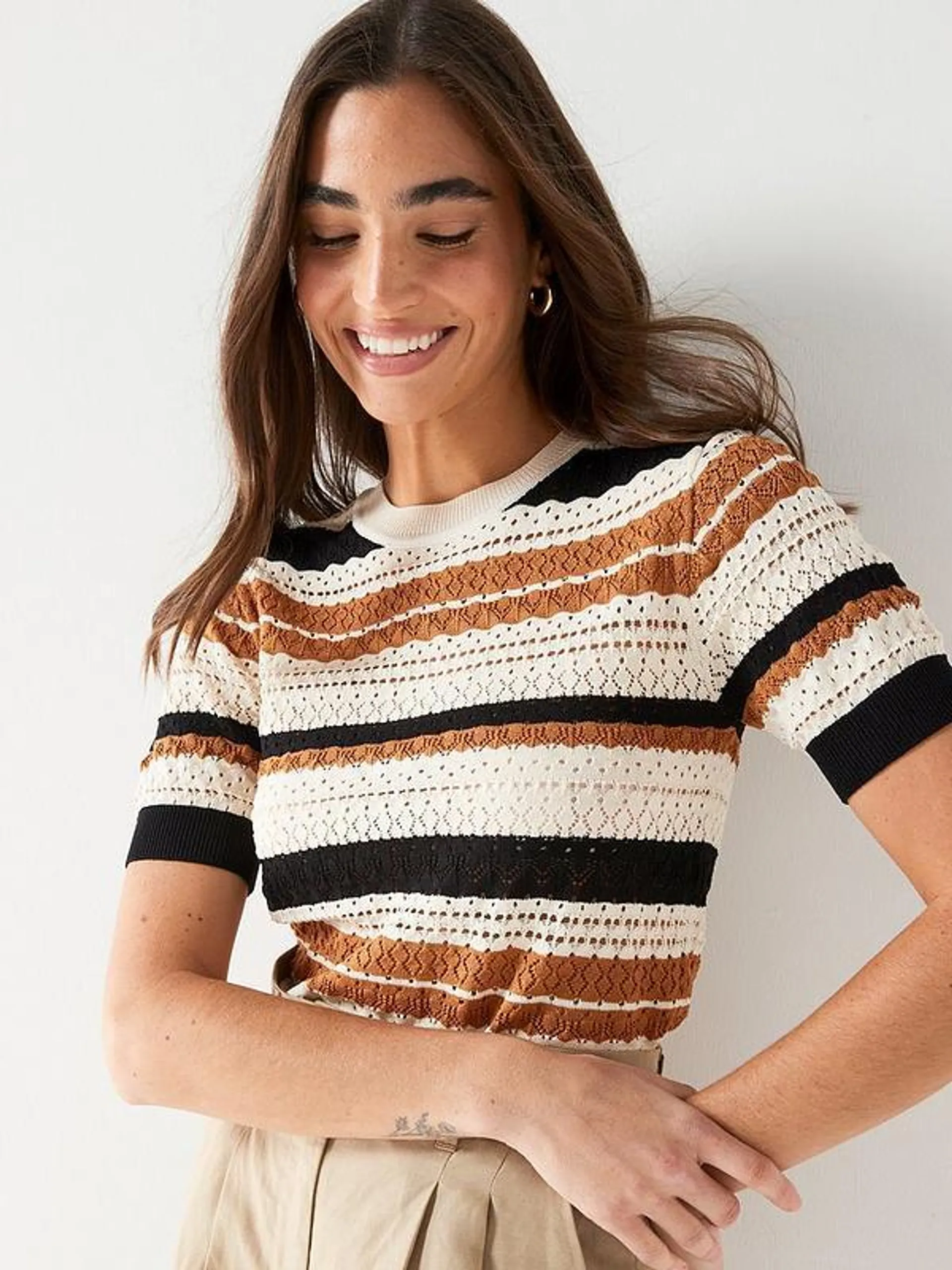 Crochet Stripe Crew Neck Jumper - Cream