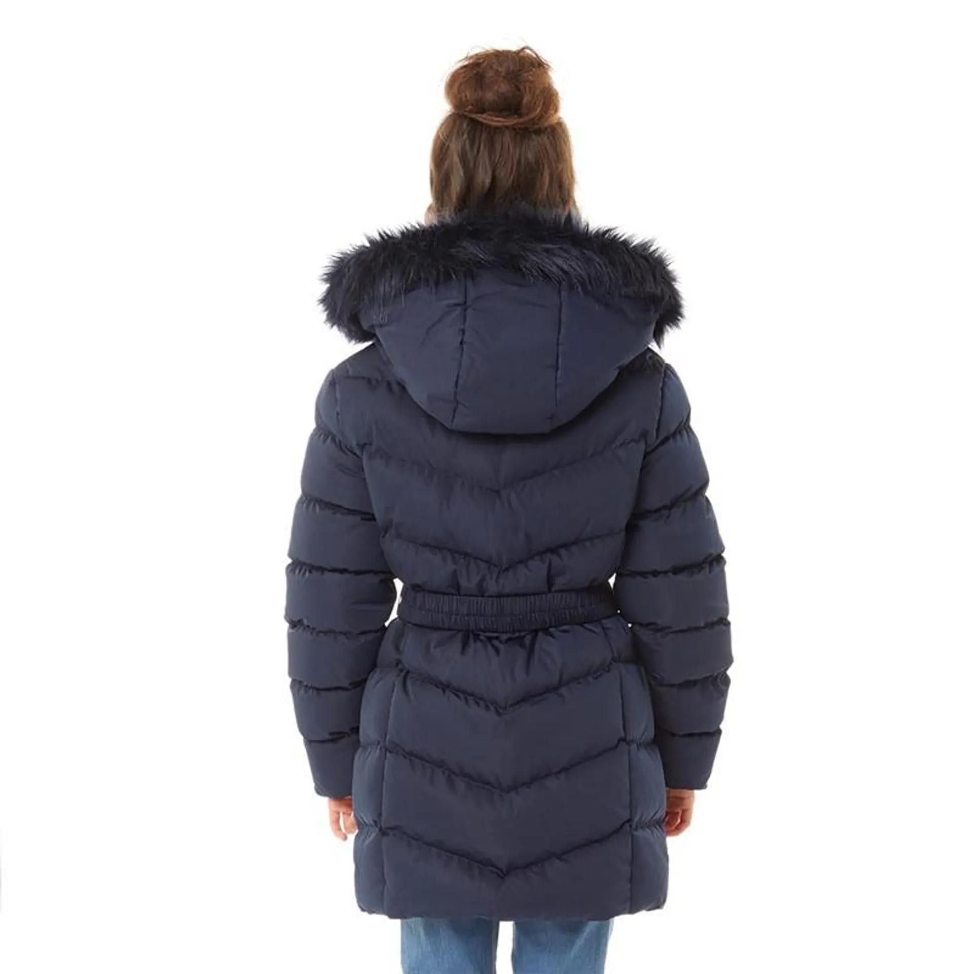 Fluid Girls Belted Jacket With Faux Fur Hood Midnight Navy