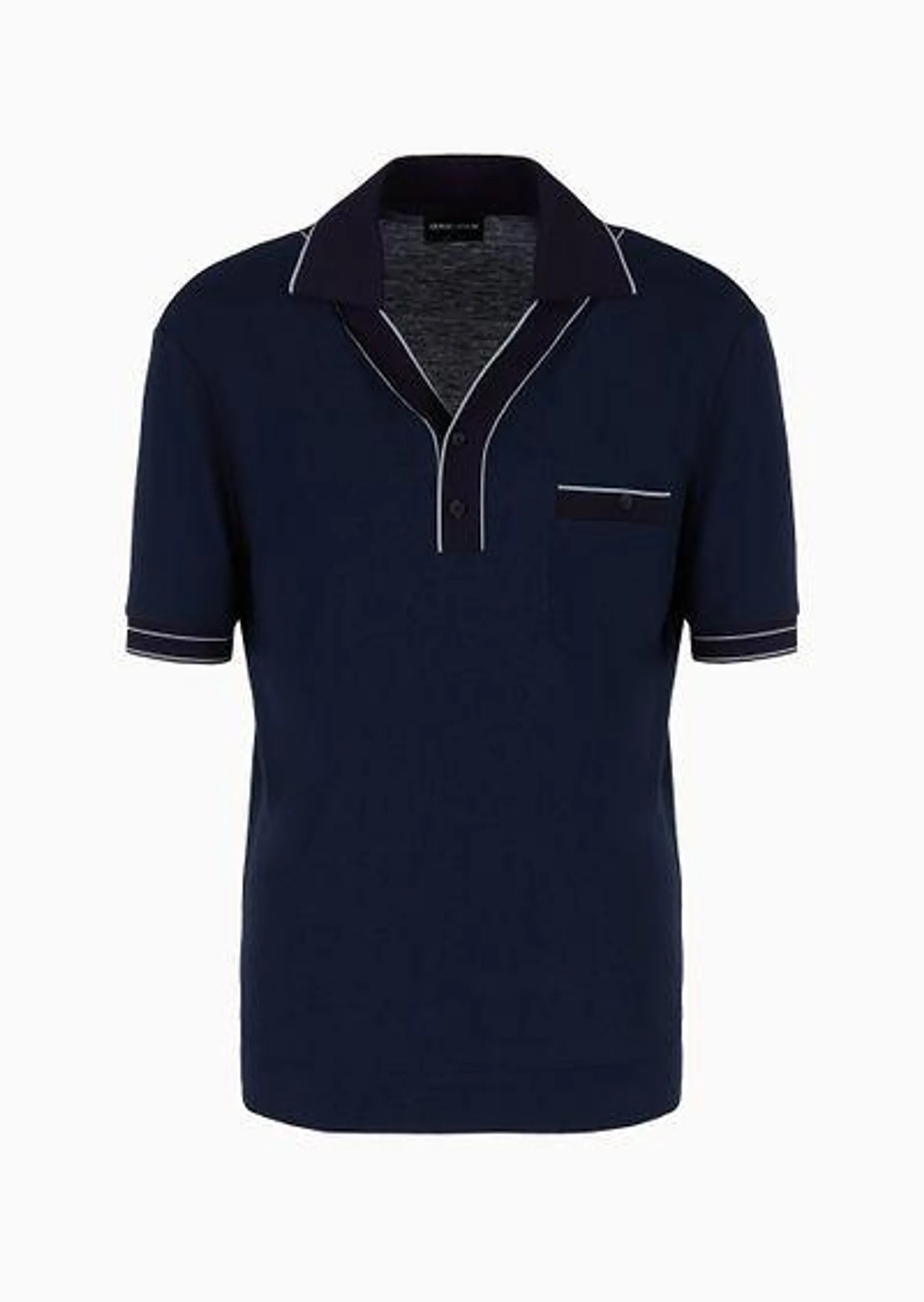 Short-sleeved ribbed polo shirt in viscose and wool