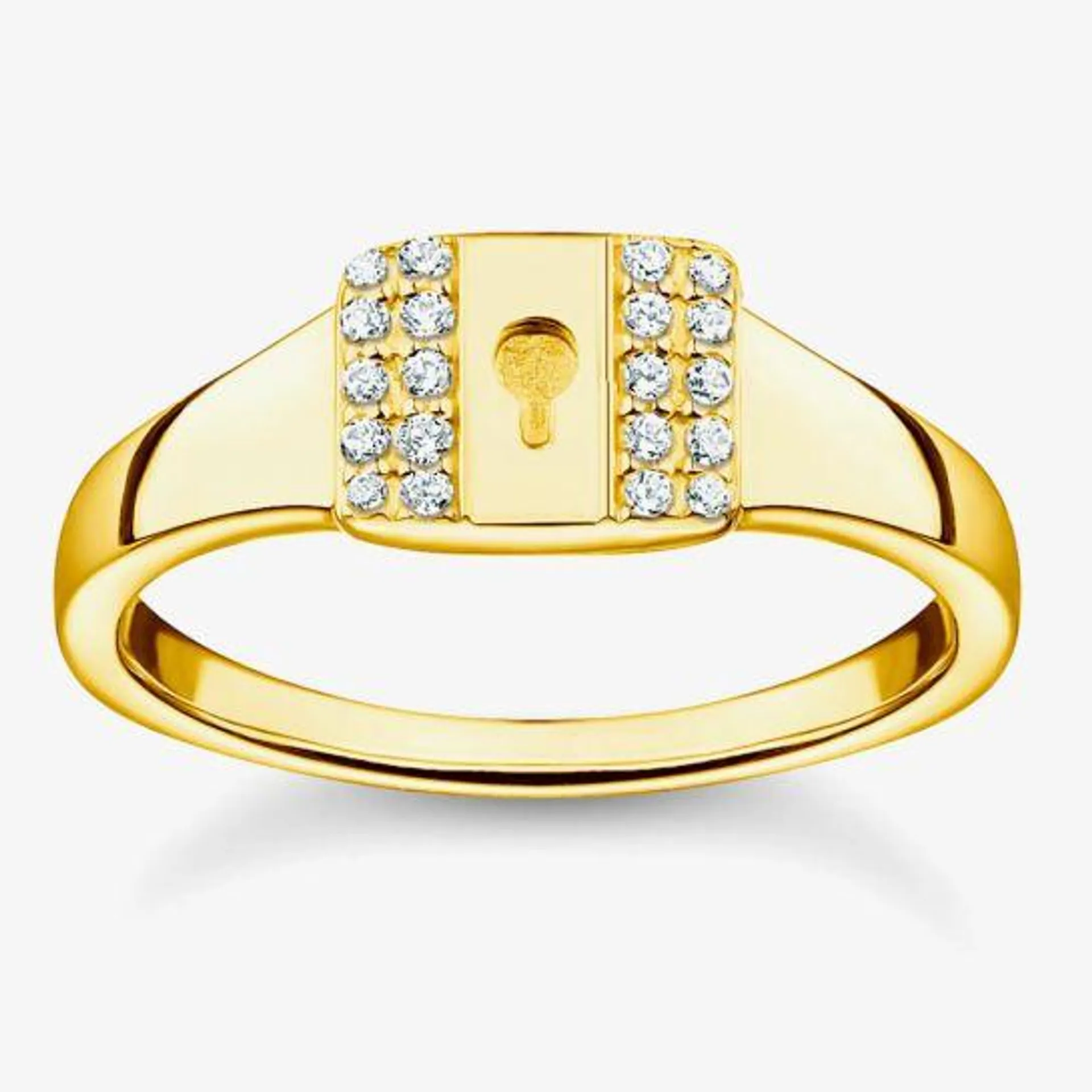 THOMAS SABO 18ct Yellow Gold Plated & Cubic Zirconia Padlock Signet Ring TR2372-414-14