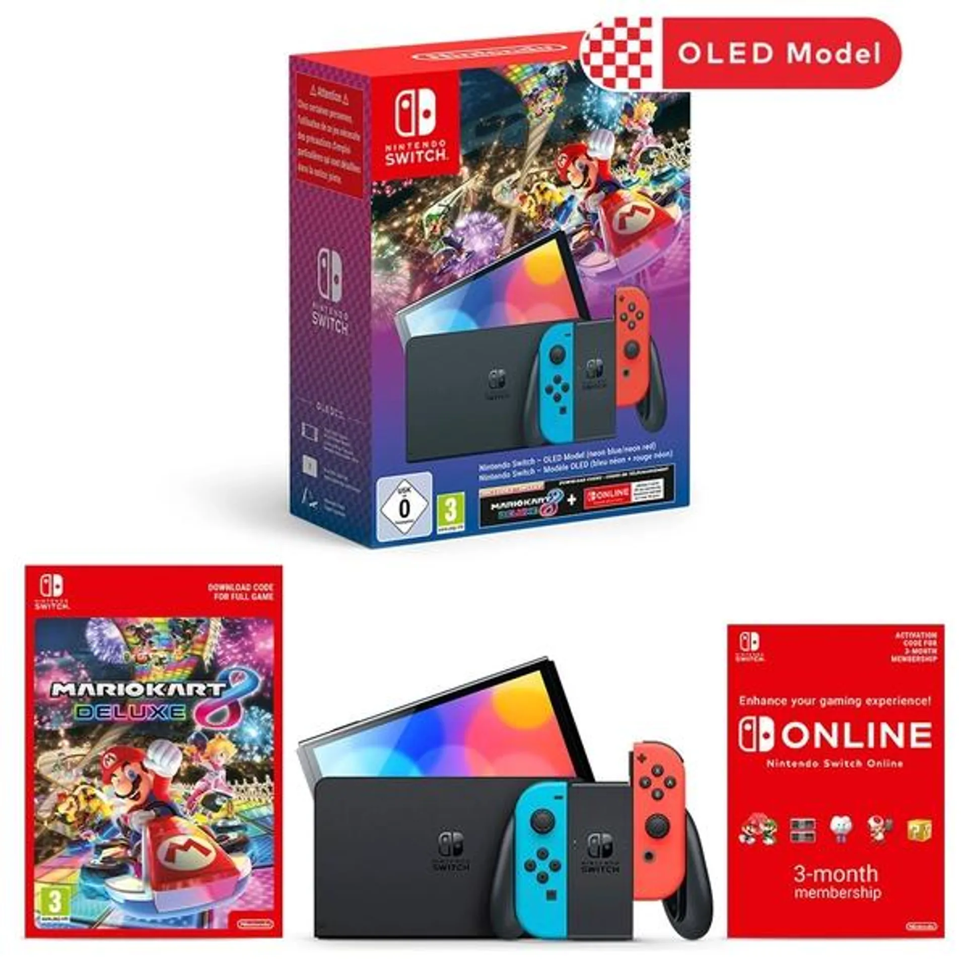 Nintendo Switch OLED Neon Red/Blue: Mario Kart 8 Deluxe & Nintendo Switch Online 3 Month Pack