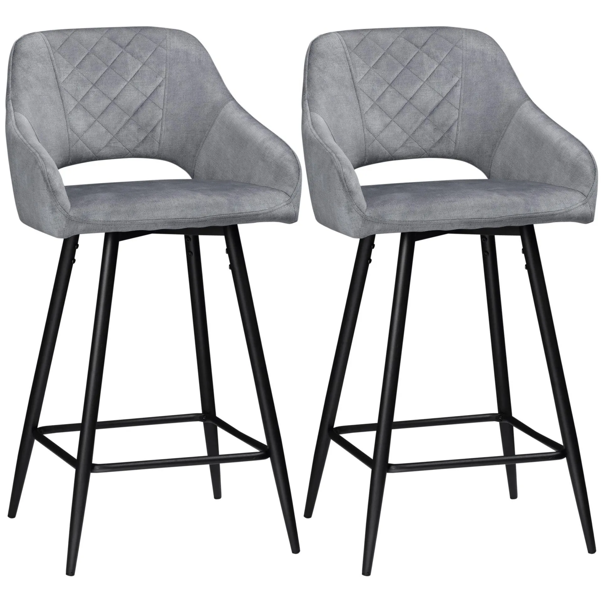 HOMCOM Bar Stools Set of 2, Velvet-Touch Fabric Counter Height Bar Chairs Grey