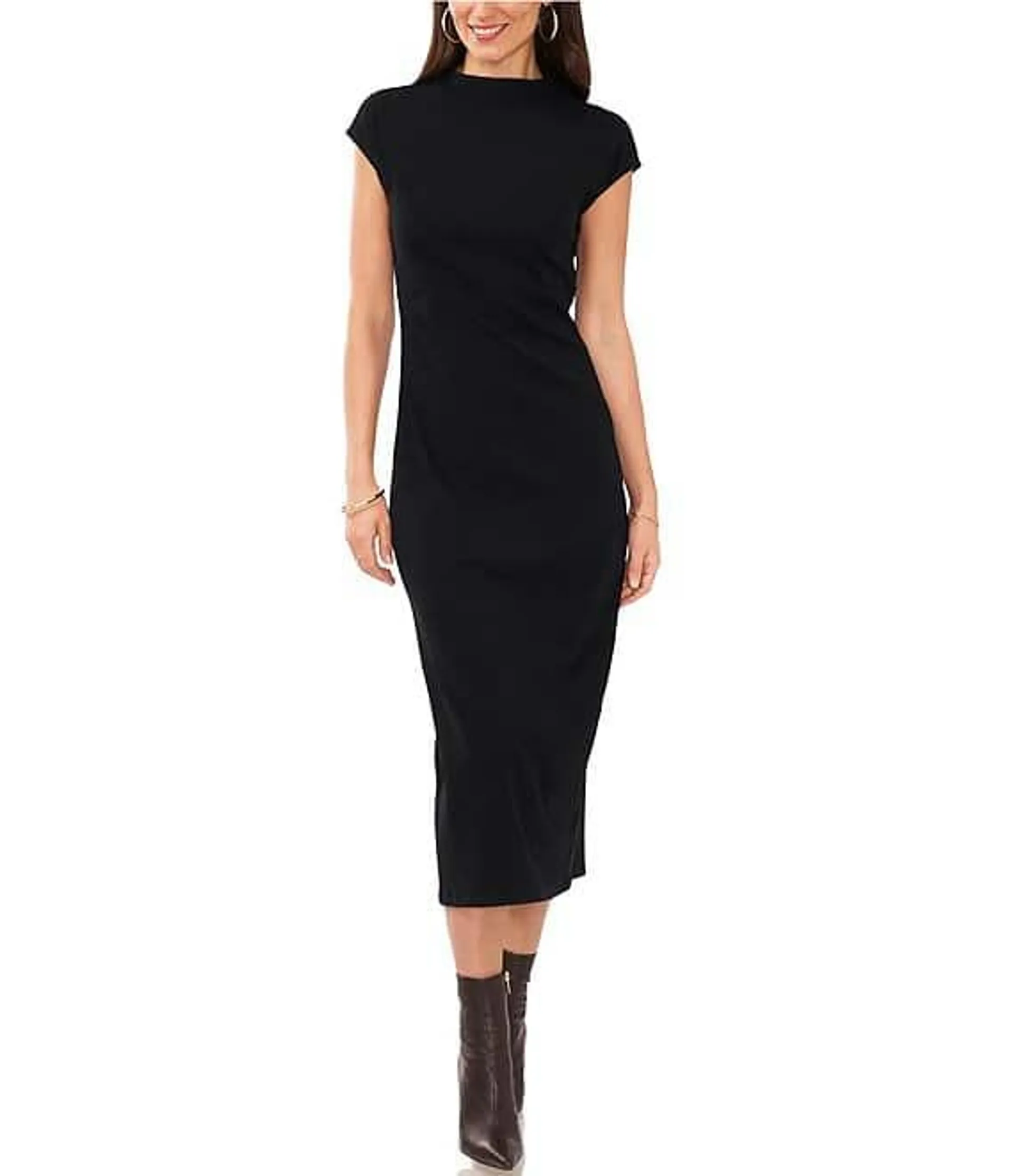 Mock Neck Cap Sleeve Ribbed Knit Midi Sheath Dress