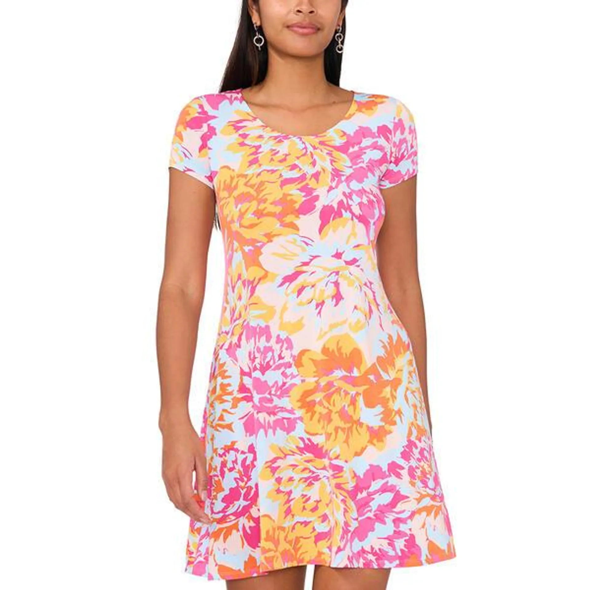 Womens MSK Short Sleeve Pink Floral A-Line Dress