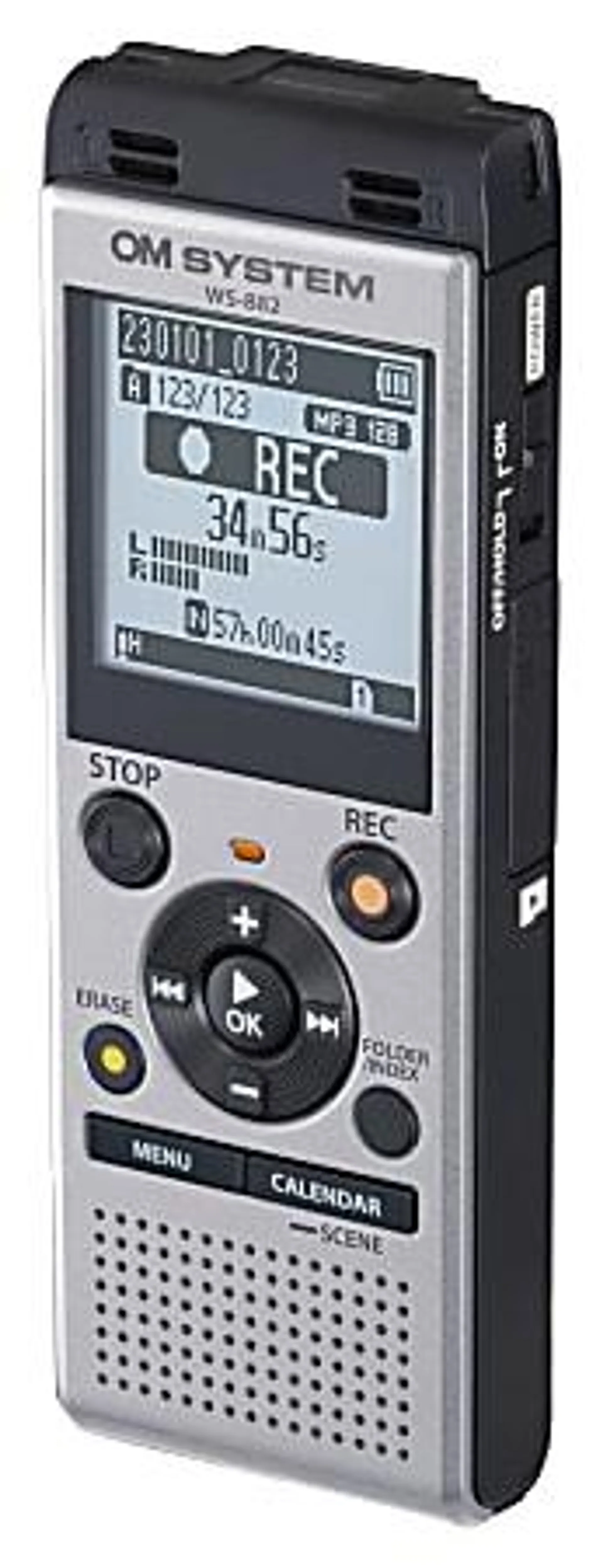 OM System WS882 Digital Voice Recorder, 4.4"H x 1.8"W x 0.7"D, Silver