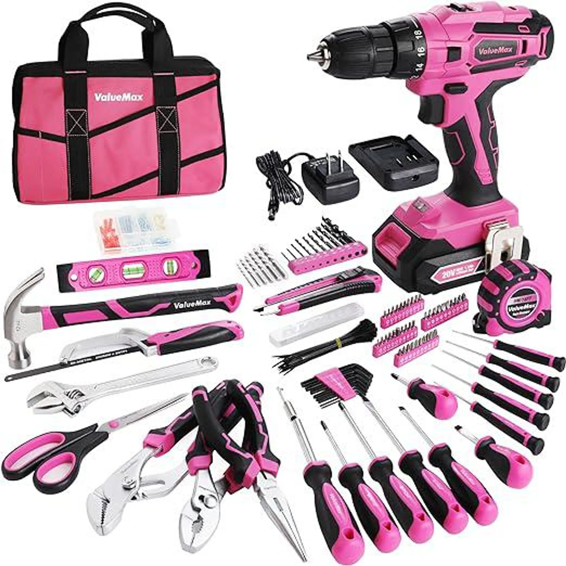 ValueMax Home Tool Kit with Drill, 238-Pieces Pink Tool Set with 20V Cordless Lithium-ion Drill, Power Tool Set with Wide Mouth Open Storage Bag, Basic Drill Sets Combo Kit for DIY and Daily Repair