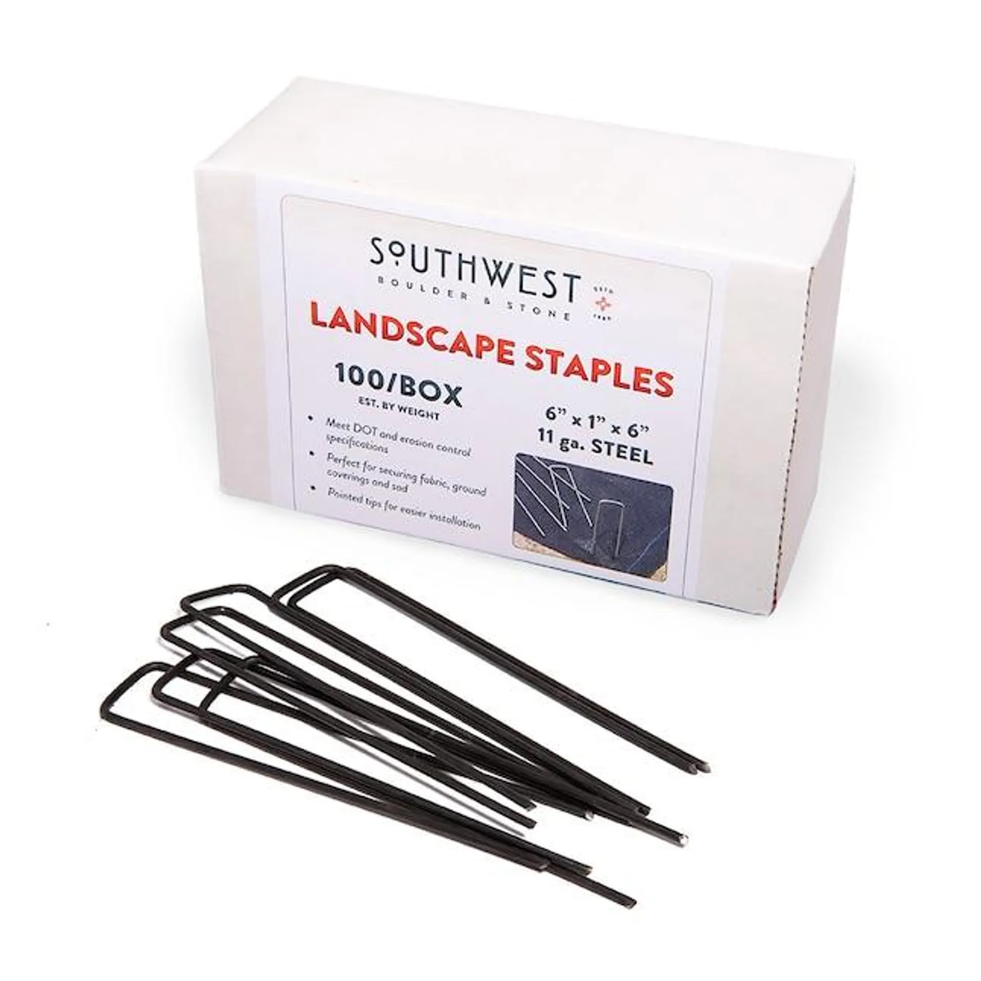 Southwest Boulder & Stone Heavy Duty 6-Inch Black Metal Garden Stakes (100-Pack) - 11 Gauge Steel Landscape Staples for Weed Barrier and Irrigation Lines