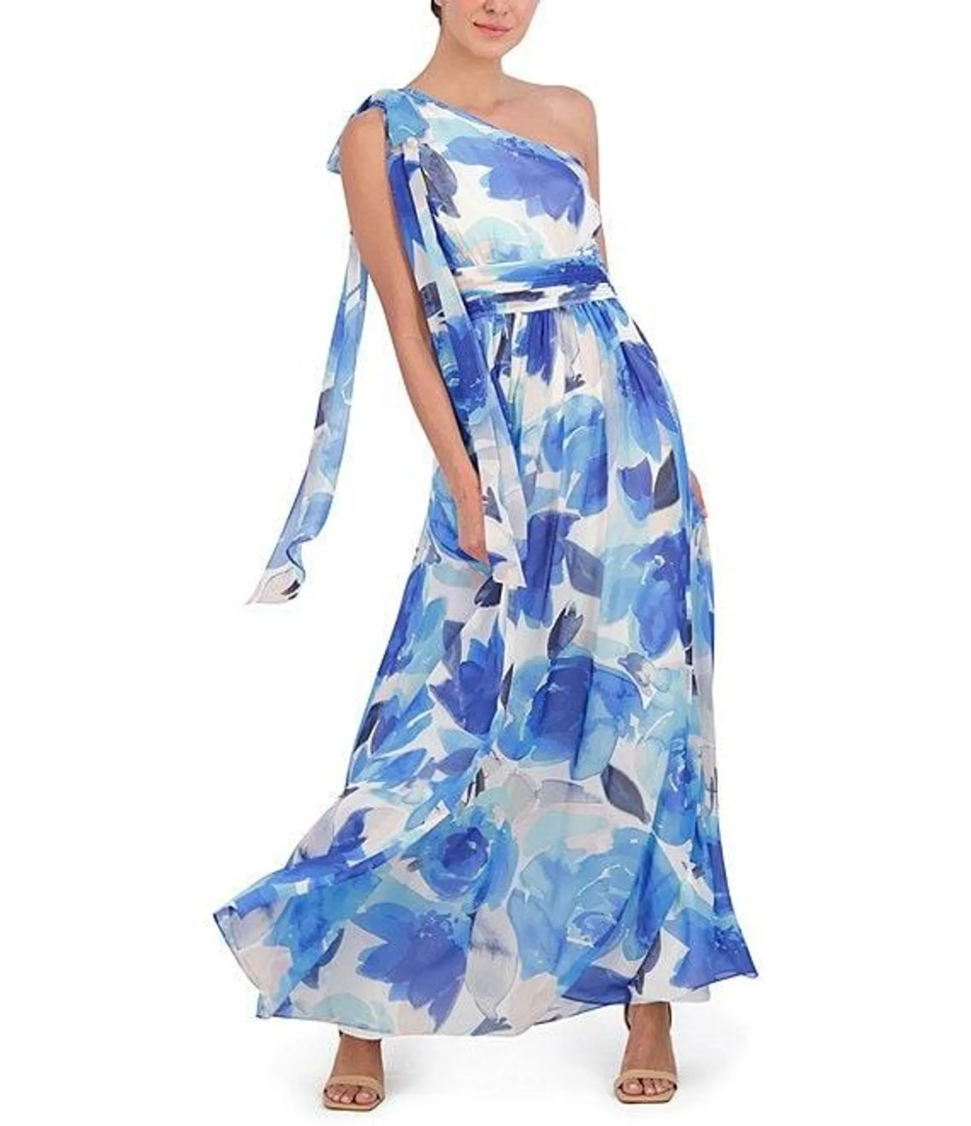 Floral One Shoulder Bow Tie Sleeveless Gown