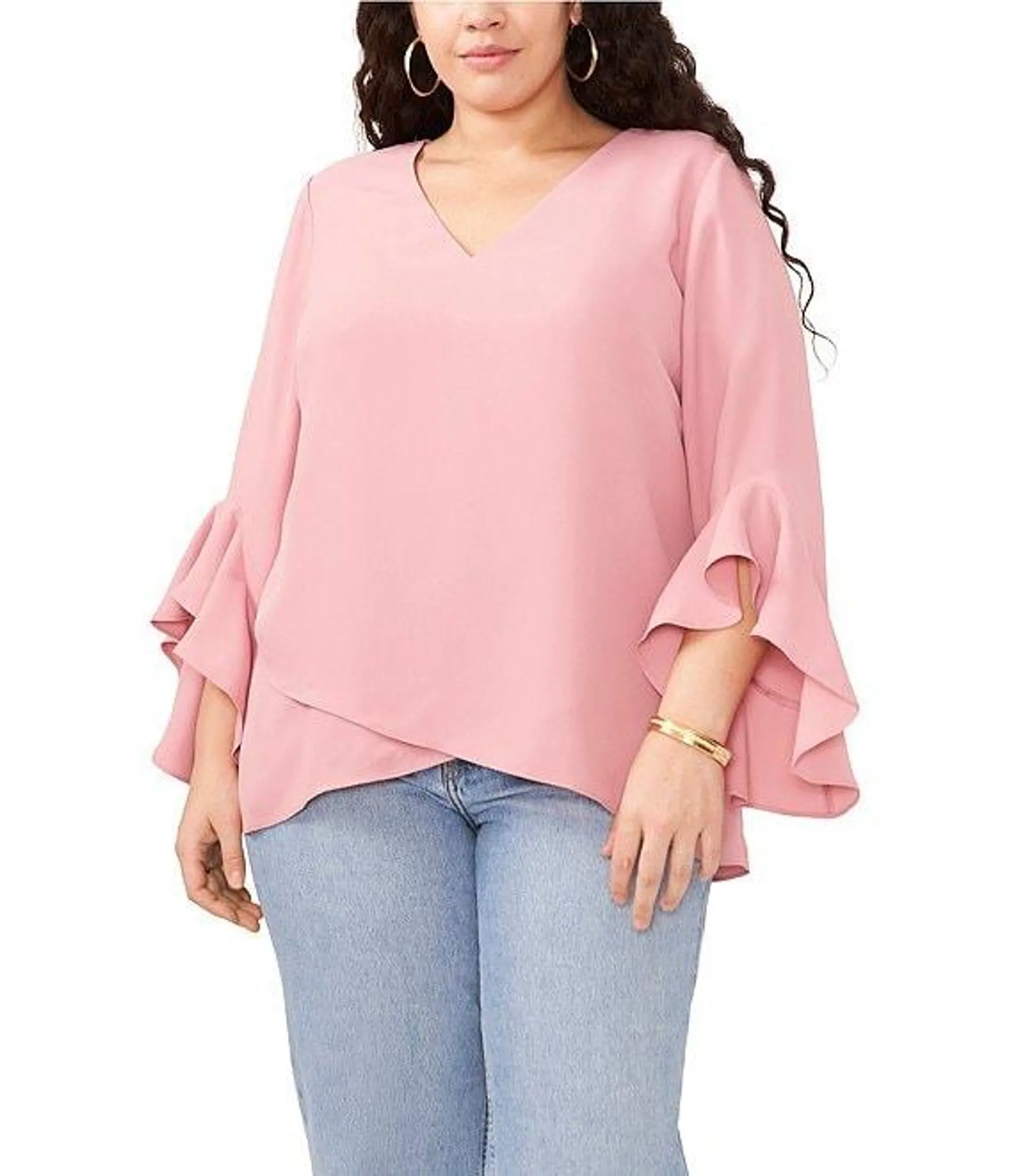 Plus Size Luxe Crepe De Chine 3/4 Ruffle Sleeve V-Neck Crisscross Hem Tunic