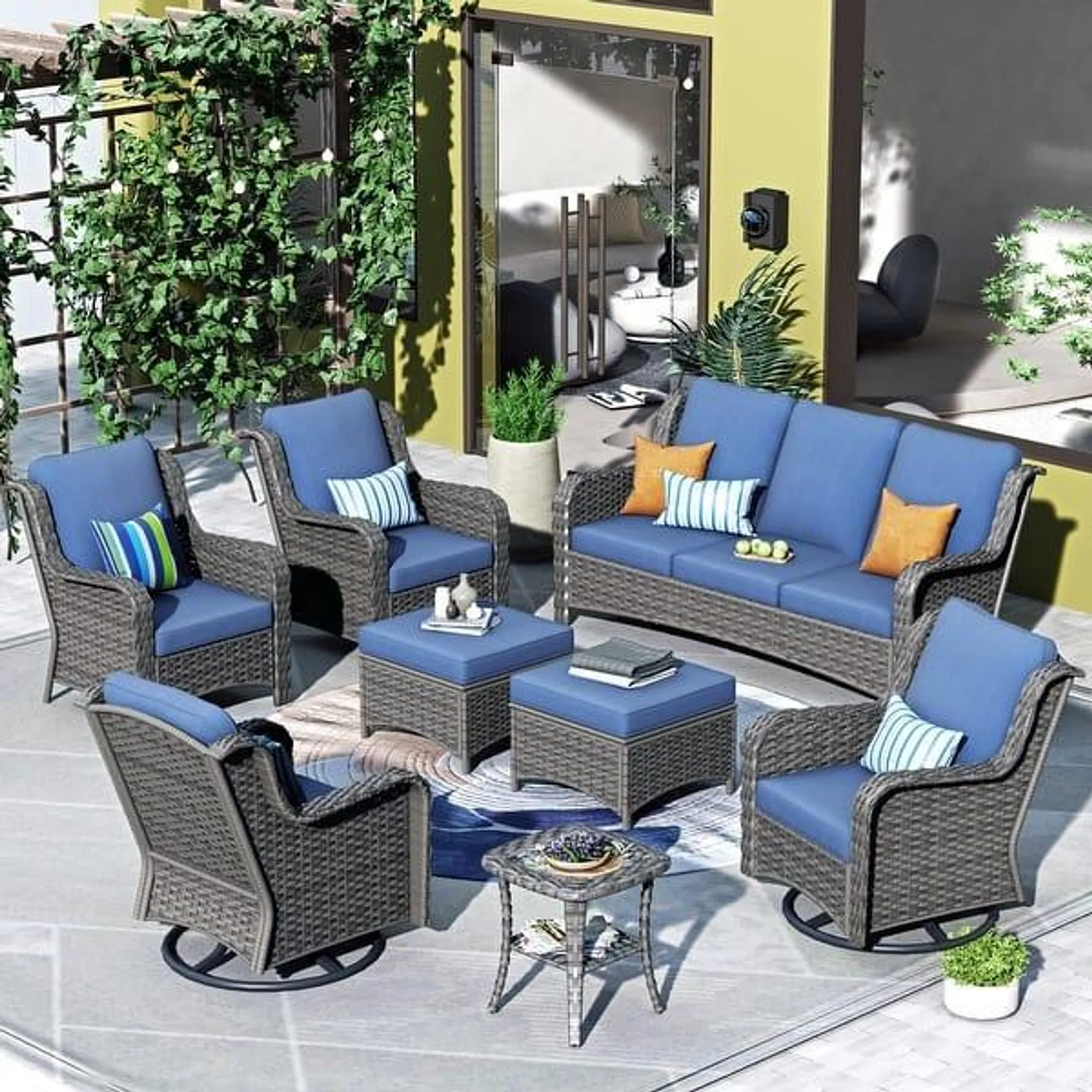 OVIOS 8-piece Rattan Wicker Patio Furniture Set Swivel Rocking Chair Set