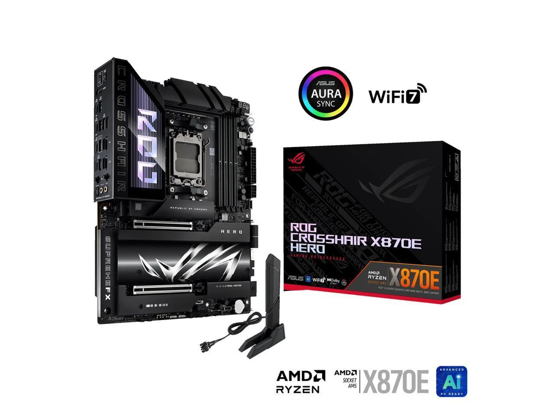 ASUS ROG CROSSHAIR X870E HERO AMD X870E AM5 ATX motherboard, Advanced AI PC ready, 18+2+2 power stages, DDR5, PCIe 5.0, 5x M.2, Wi-Fi 7, USB4, AI Overclocking, Core Flex, PCIe Slot Q-Release Slim