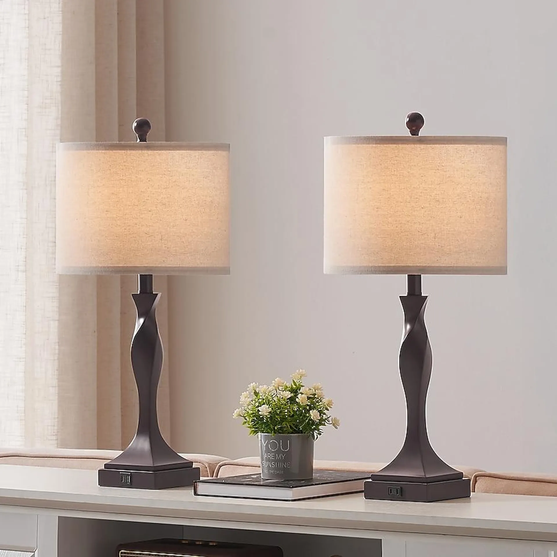 KAWOTI 25.6-in Bronze LED On/Off Switch Table Lamp with Linen Shade (Set of 2)