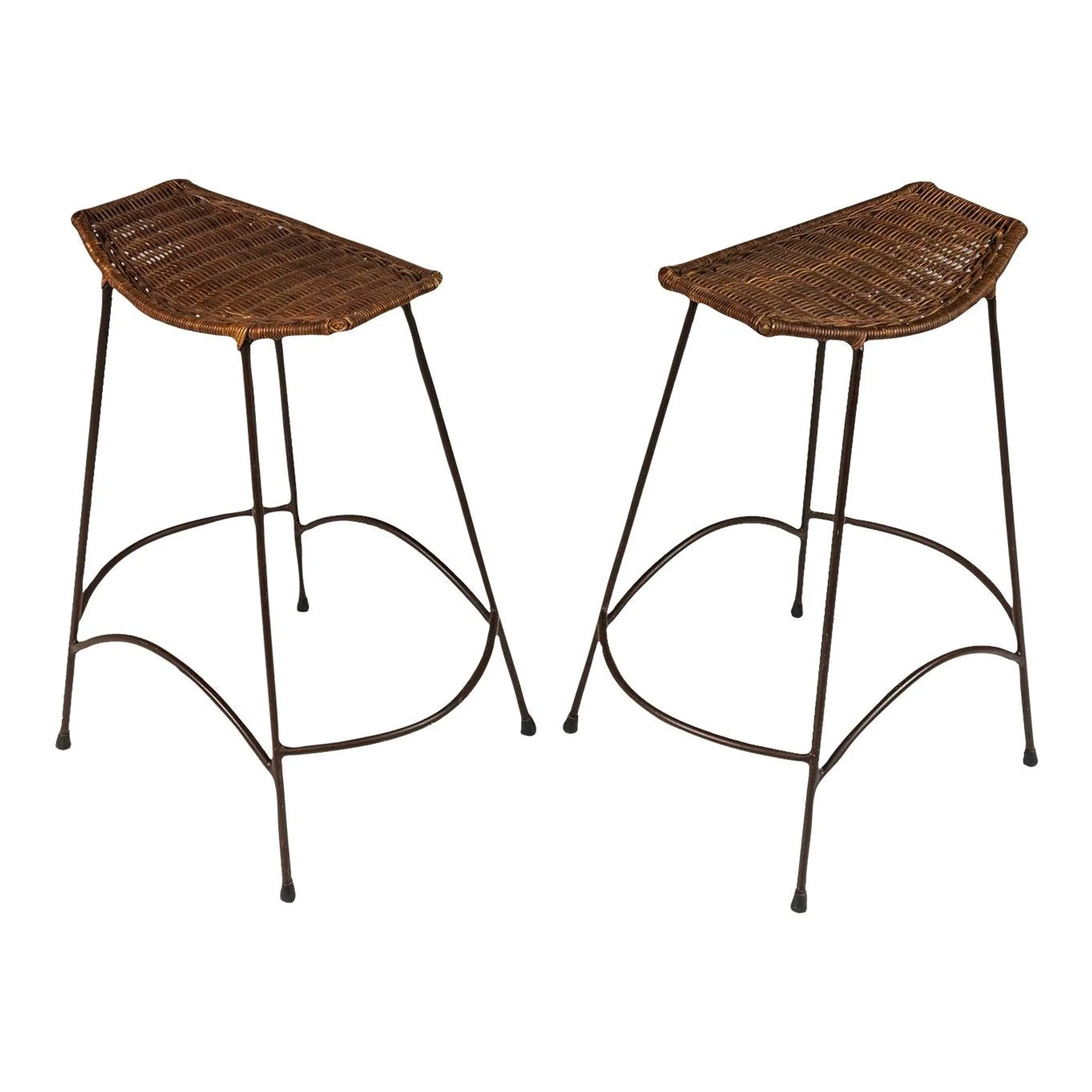 Set of 2 Mid-Century Modern Counter Height Wrought Iron Bar Stools in the Manner of Arthur Umanoff, Usa, Circa 1970s